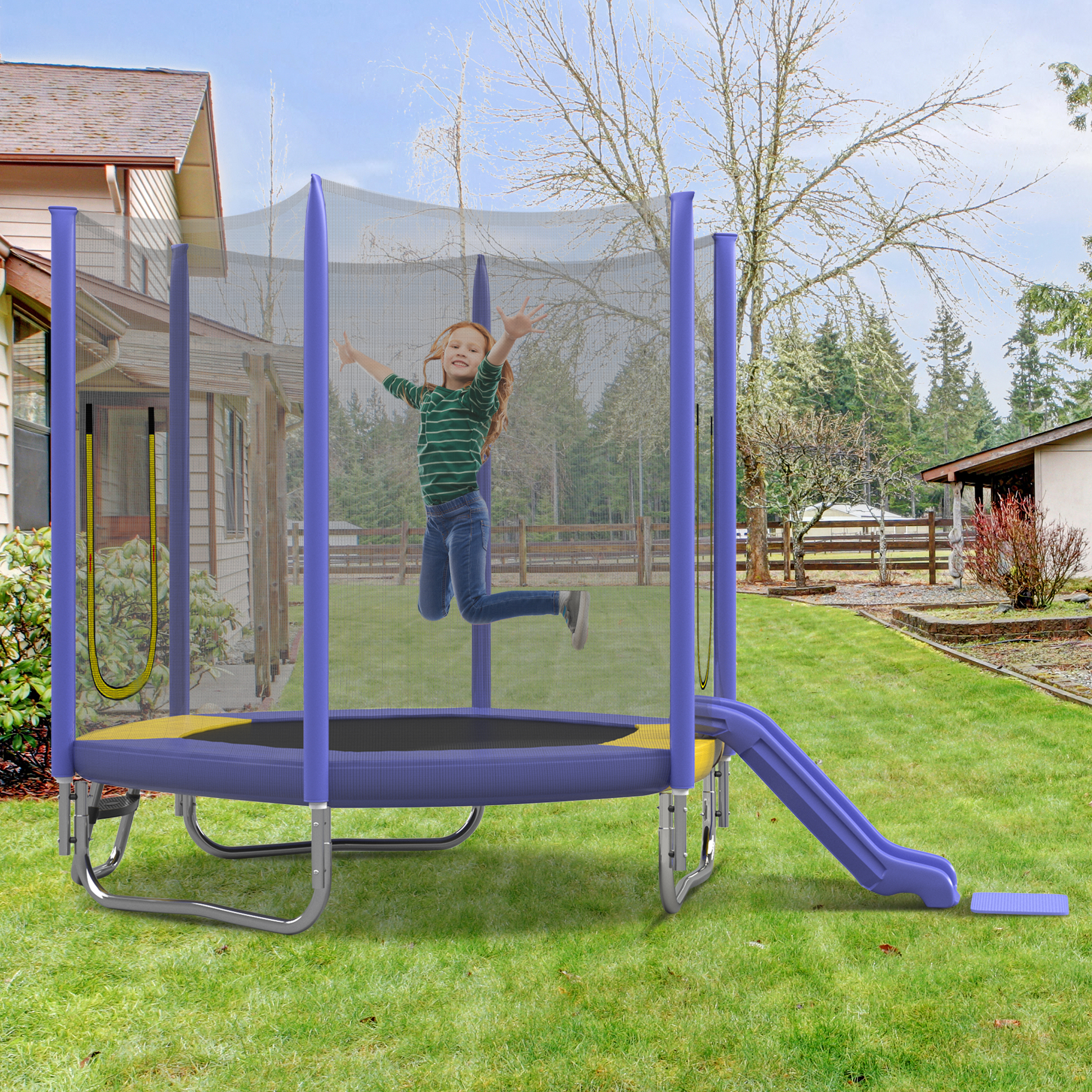7FT Trampoline For Kids With Safety Enclosure Net, Slide And Ladder, Easy Assembly ,Regular Hexagon Outdoor Recreational Trampoline, Purple