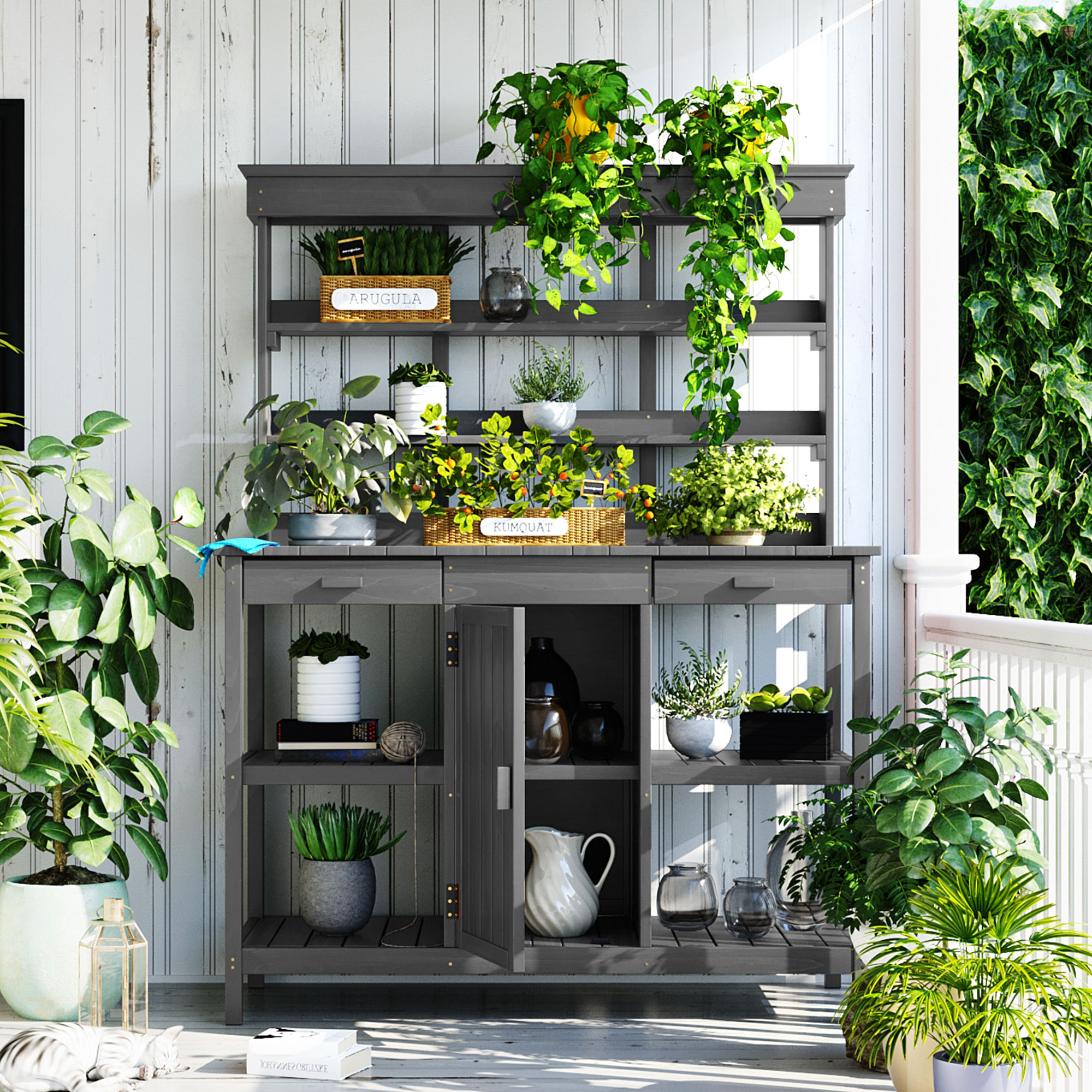TOPMAX Mesa de trabajo de madera para jardín, 66 pulgadas, con 2 cajones y estantes, gris