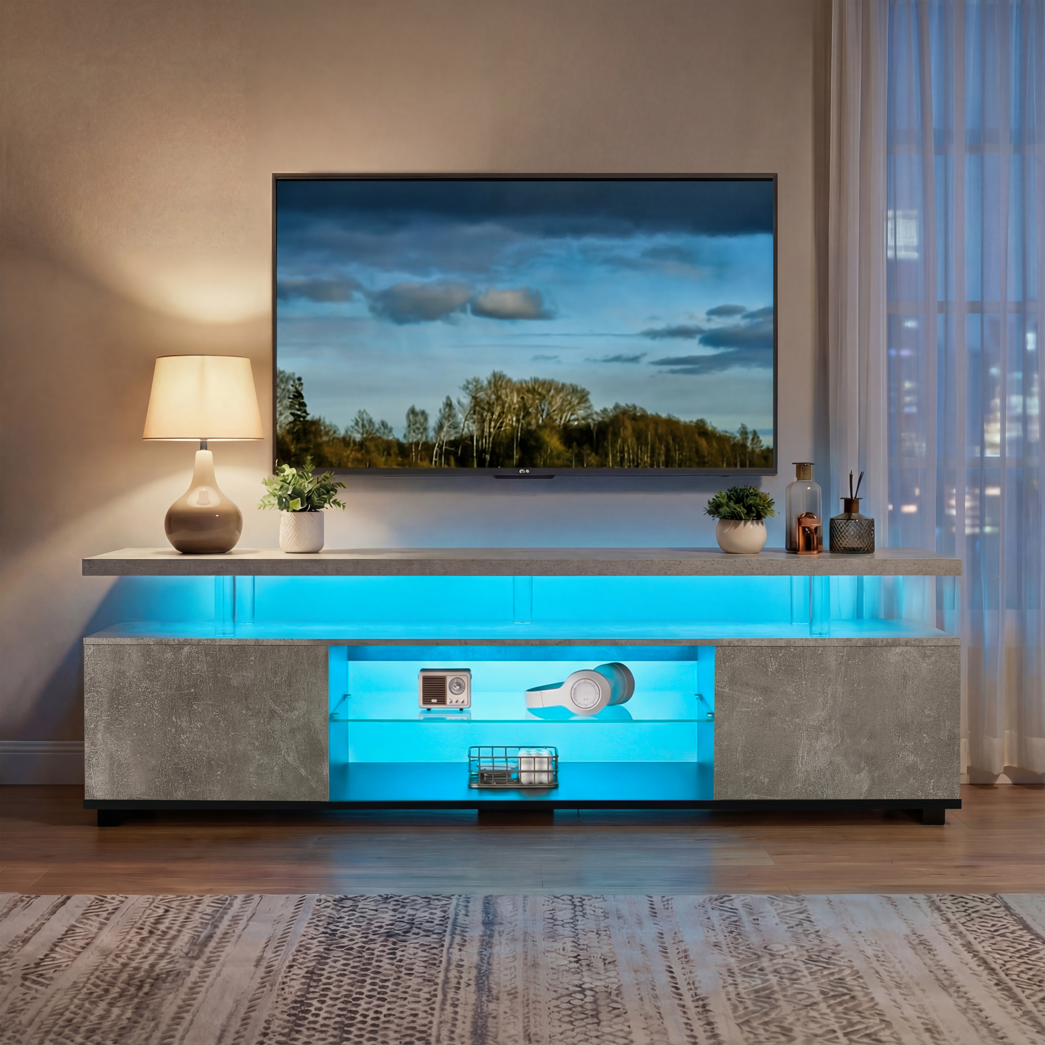 TV Stand For 70 Inch TV LED Gaming Entertainment Center Media Storage Console Table With Large Side Cabinet For Living Room Gray