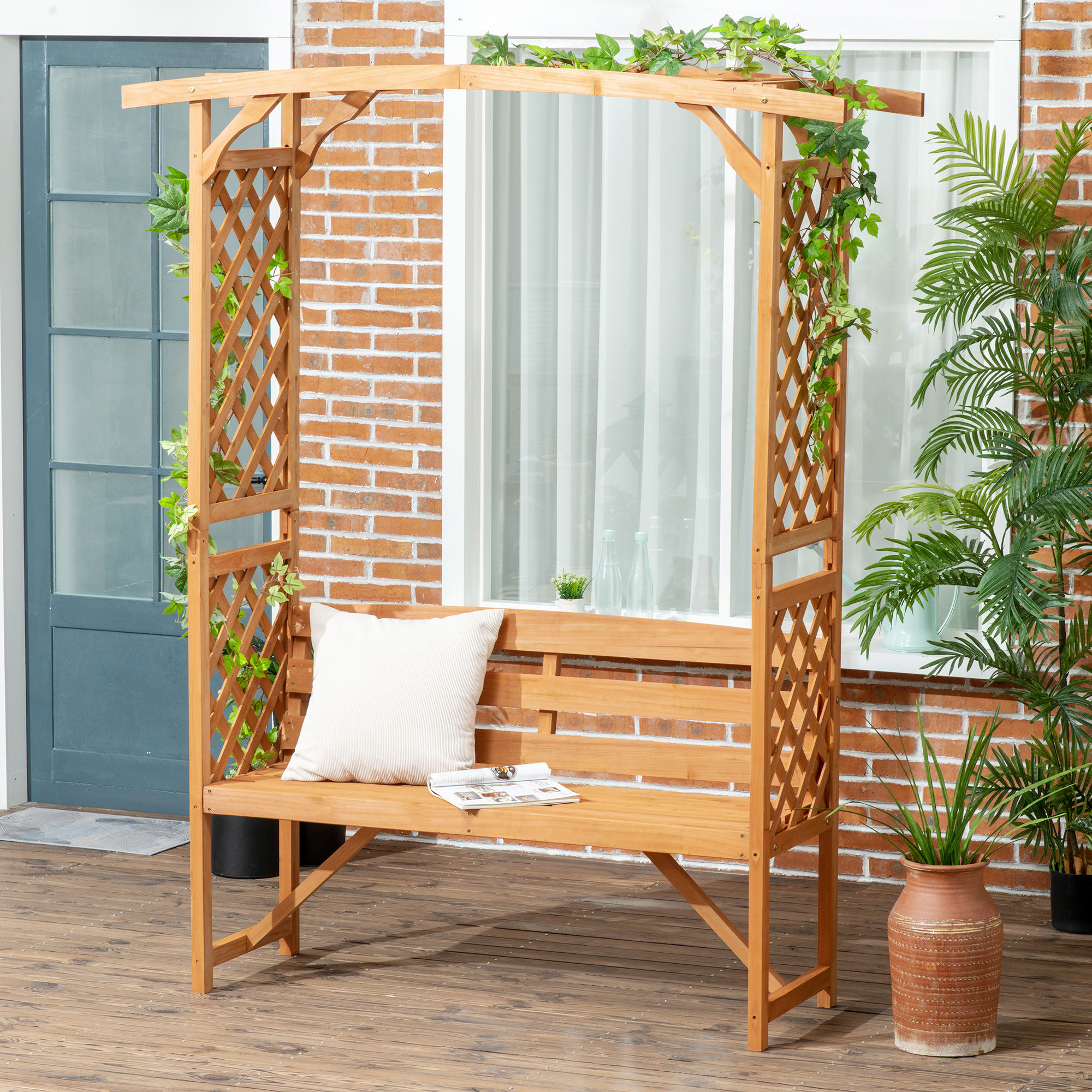 Patio Garden Bench, Wooden Bench, Outdoor Bench for Vines/Climbing Plants, Brown