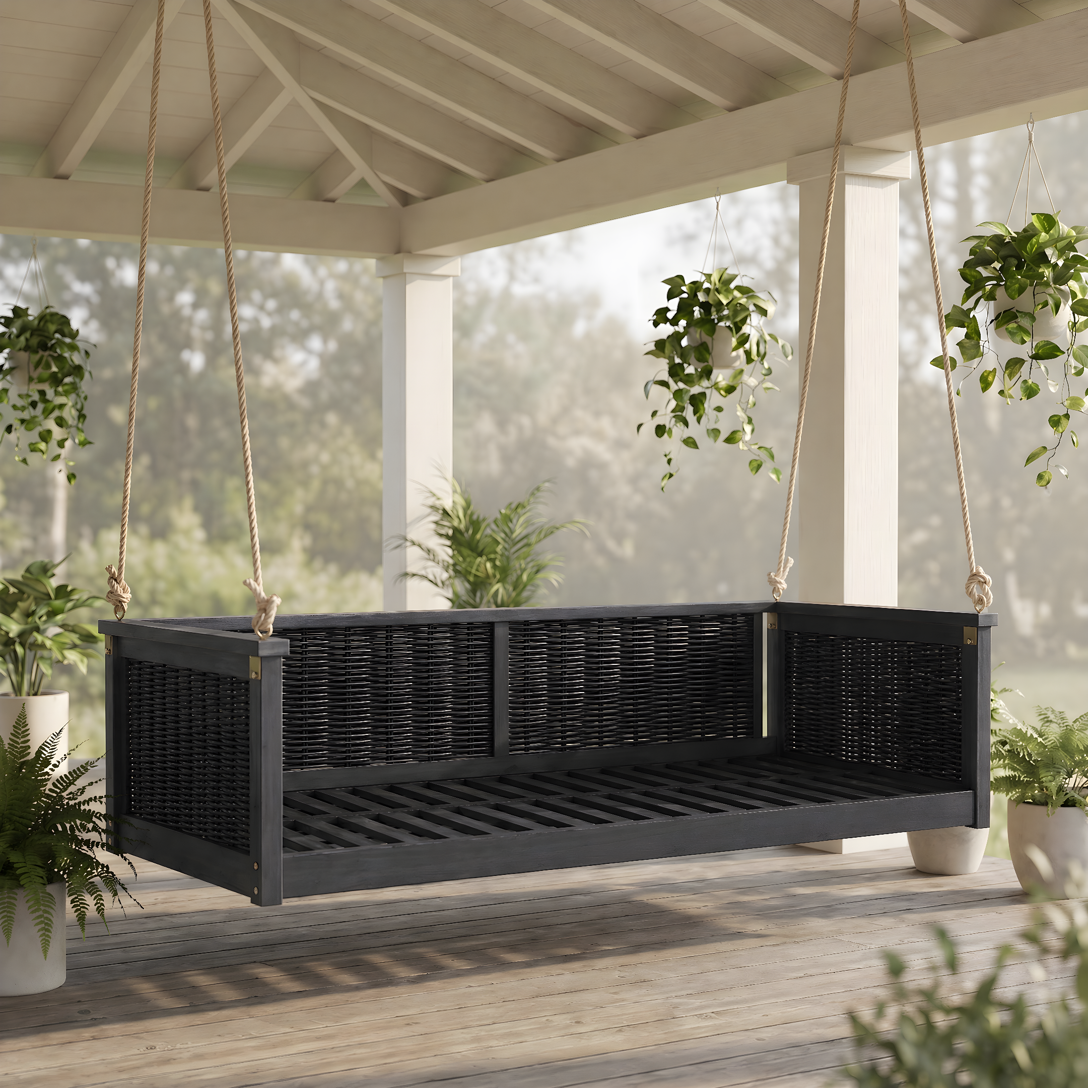 Cama columpio TOPMAX de madera maciza tamaño Twin para exterior, negra