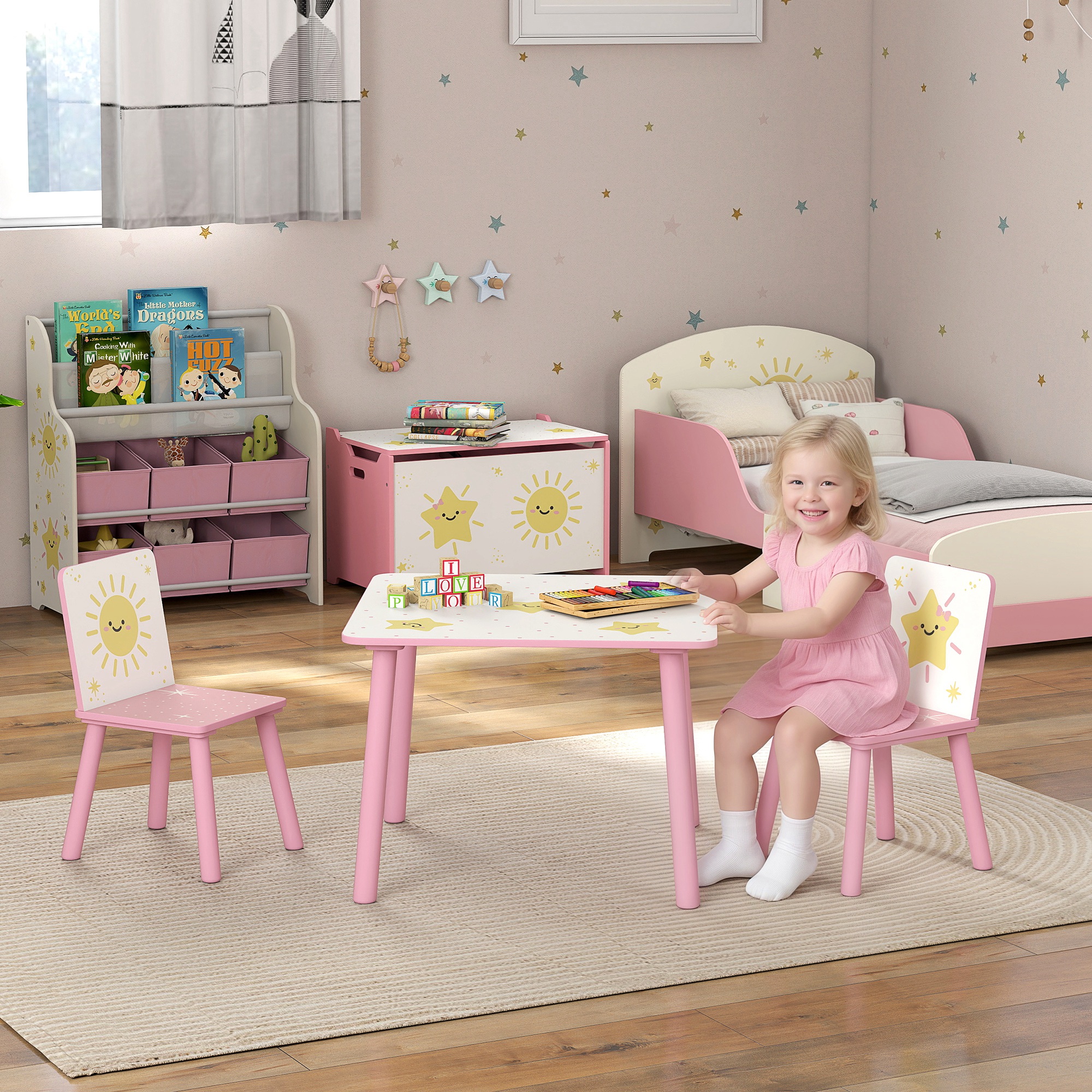Juego de mesa y 2 sillas de 3 piezas para niños, rosa