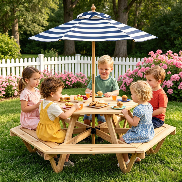 Mesa de picnic hexagonal para niños de 6 asientos, madera de abeto, con sombrilla.