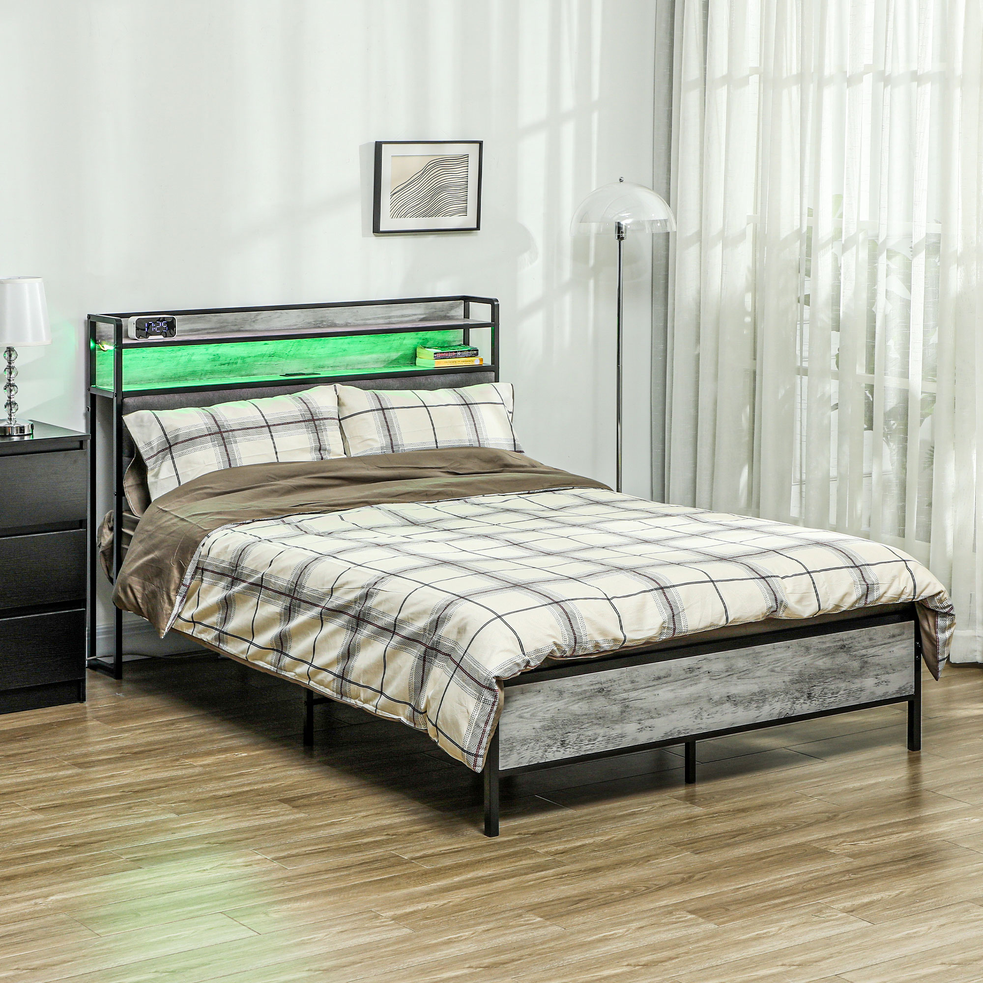 Base de cama matrimonial con cabecera tapizada, luces LED y estación de carga, gris