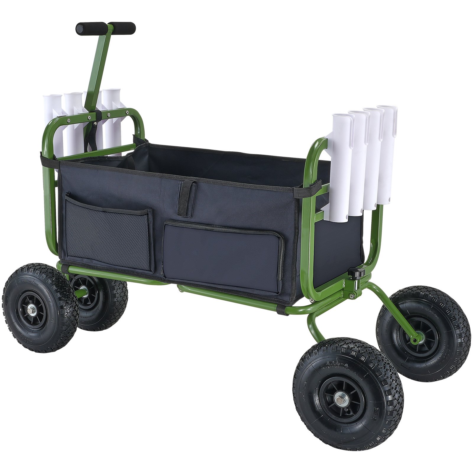 Beach Fishing Cart, 300 Lbs Load Capacity, Foldable Fish And Marine Cart With Four 11" Big Wheels Rubber Balloon Tires For Sand, Heavy-Duty Steel Pier Wagon Trolley With 8 Rod Holders For Picnic