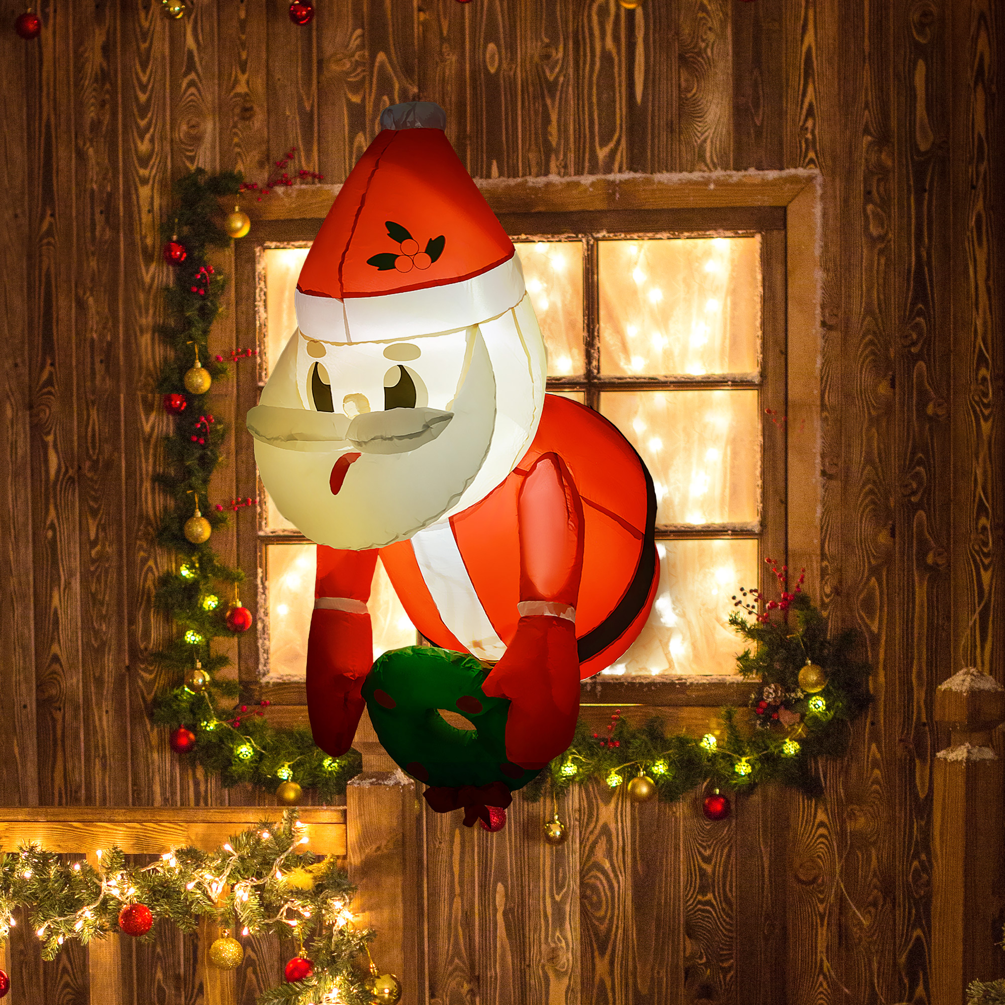 3.4 Inflatable Santa Claus Holding Wreath w/ LED Lights, Blow-Up Outdoor Hanging Display for Garden Party