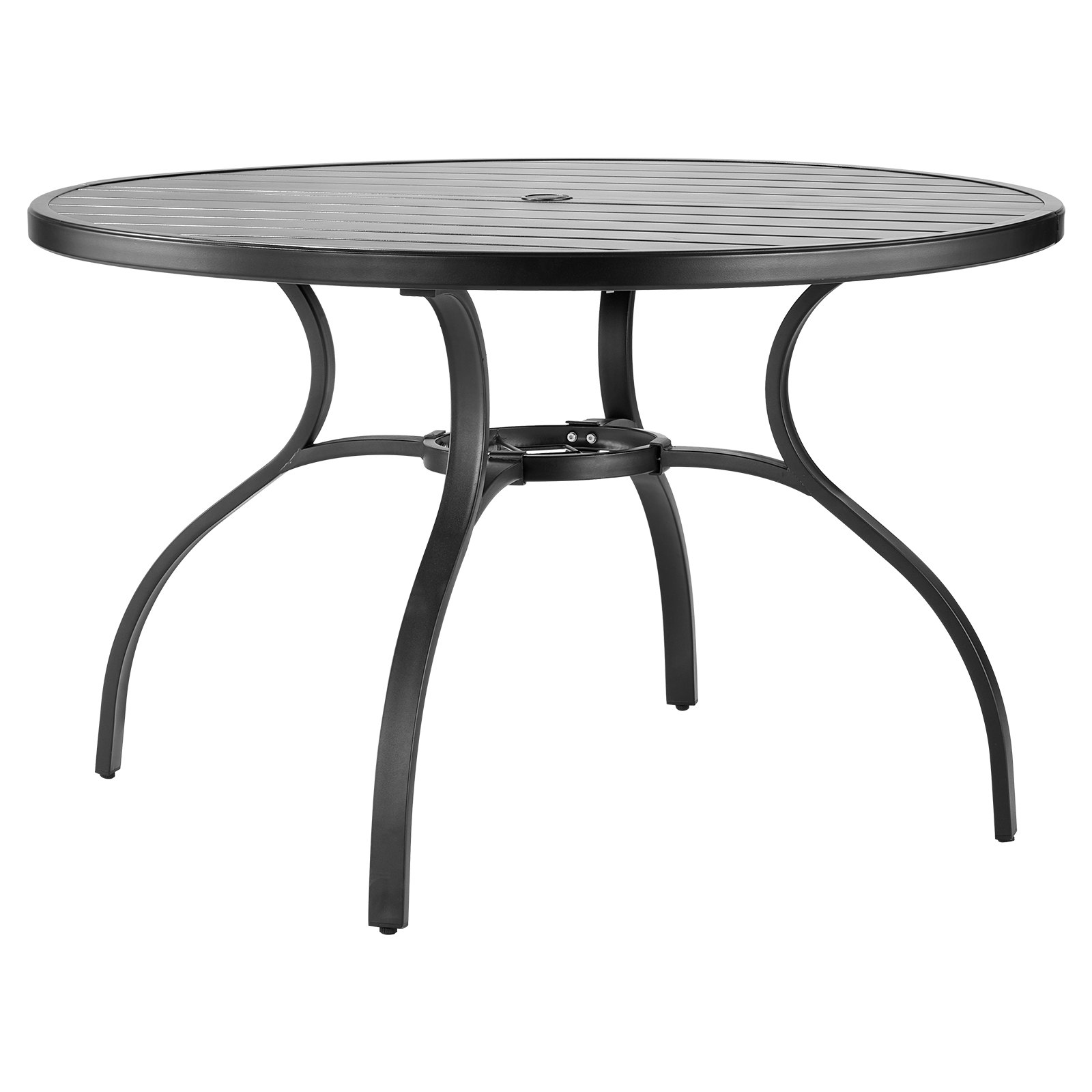 Mesa de Comedor Redonda para Patio de 47 pulgadas, Metal, Agujero para Sombrilla, Negra