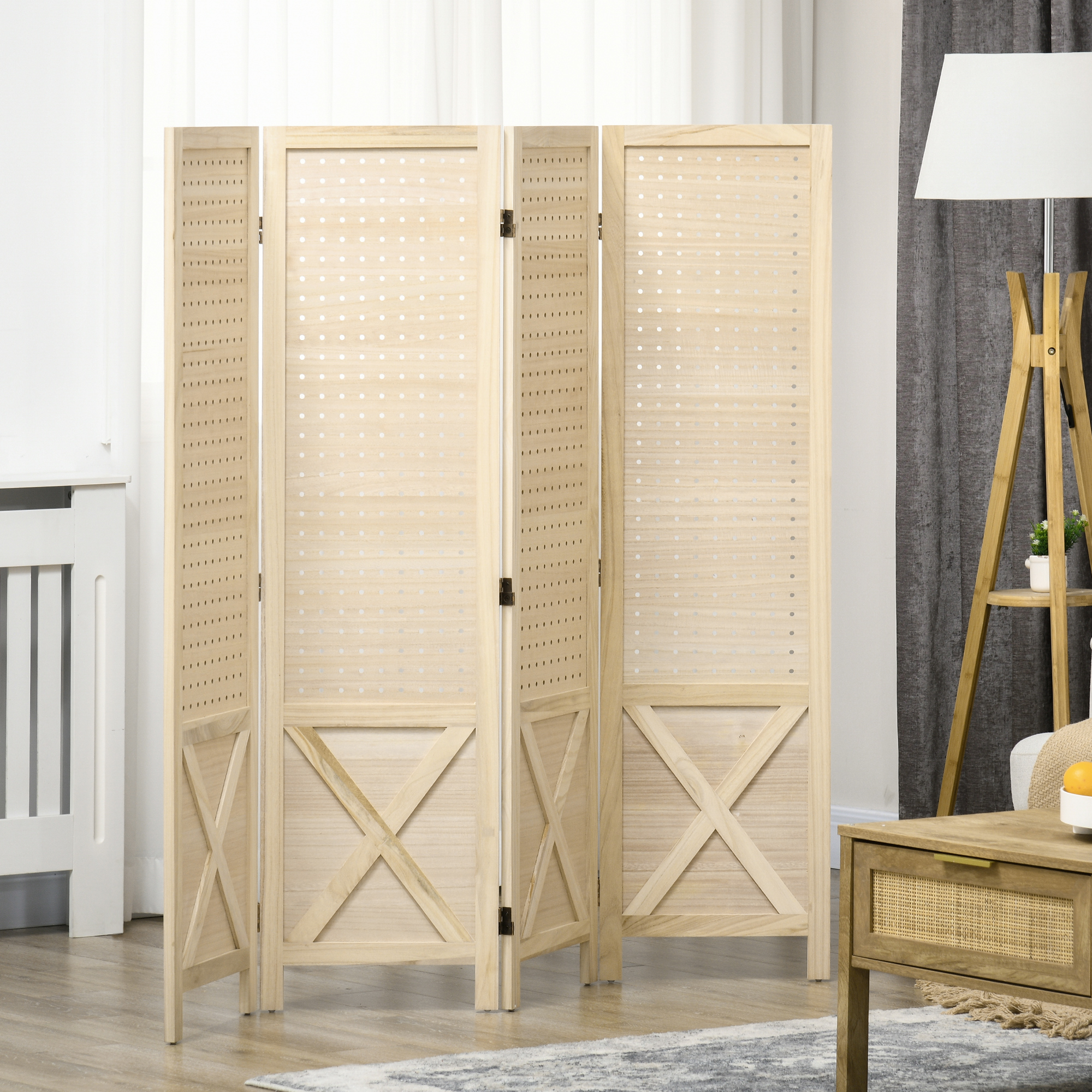 Divisor de ambientes de madera de 4 paneles, con panel perforado, plegable, natural