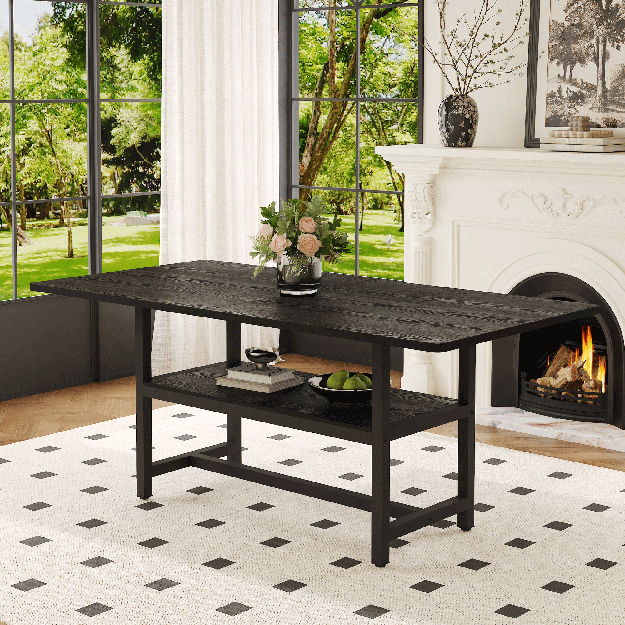 A 71 X35.4 Inch Dining Table With A Tabletop Cleverly Pieced Together By Four Black Textured MDF Boards. There Is A 43.3 X19.7 Storage Platform Below The Desktop. Very Suitable For Family Gatherings