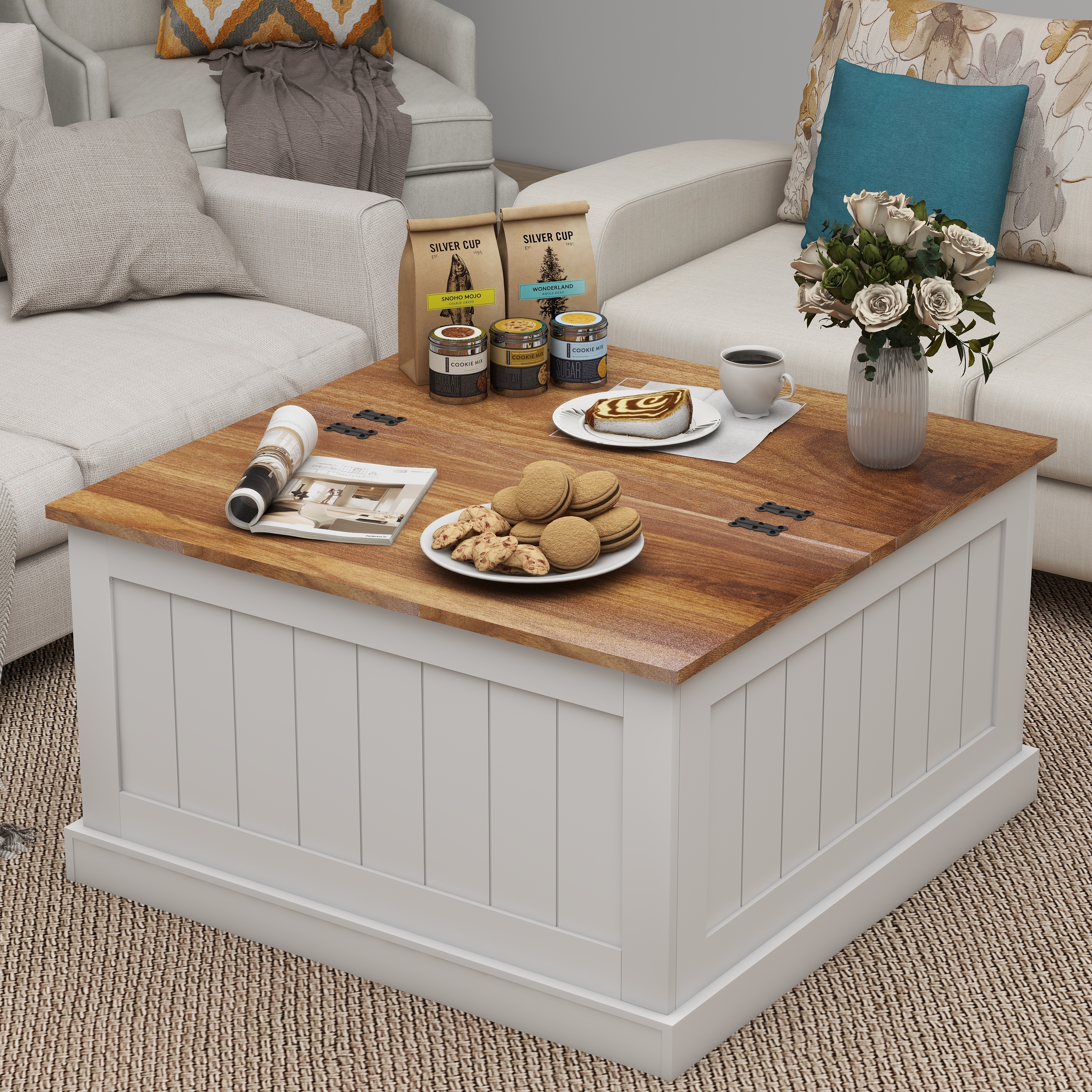 31.5 Farmhouse Coffee Table, Square Wood Center Table With Hinged Lift Top, Rustic Cocktail Table With Large Hidden Storage Compartmen For Living Room-White