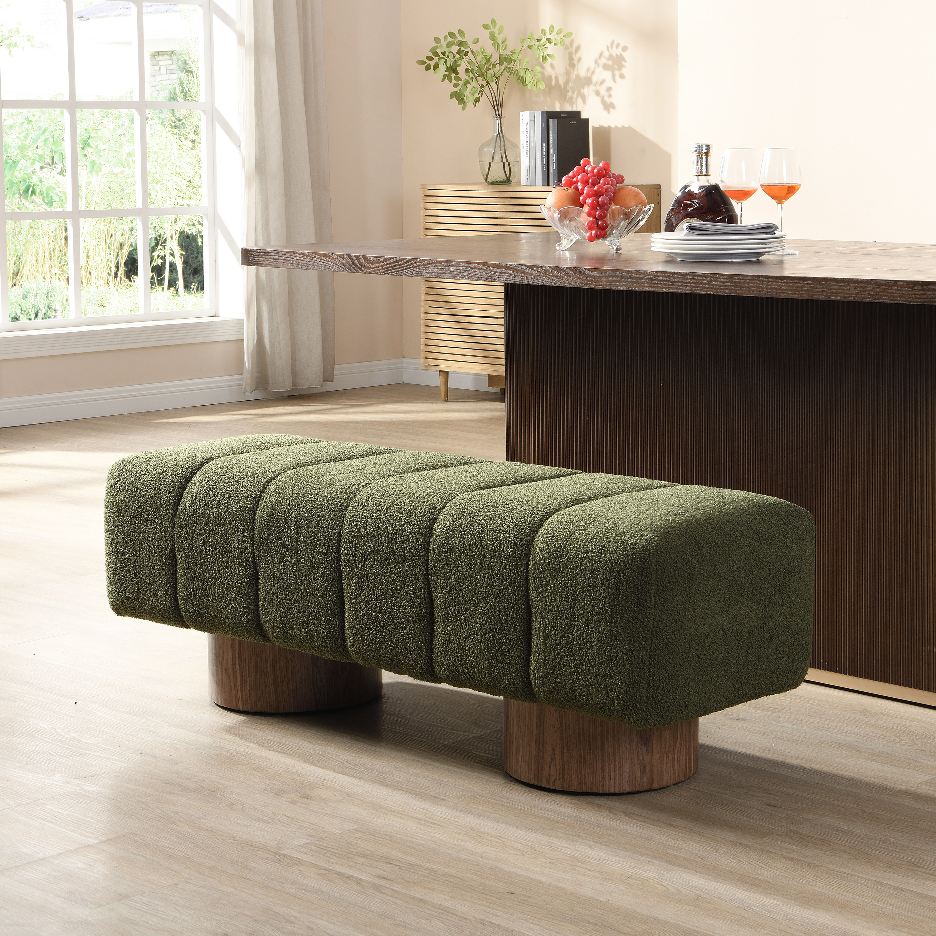 Banco tapizado de tela bouclé verde para comedor o entrada, 300 libras