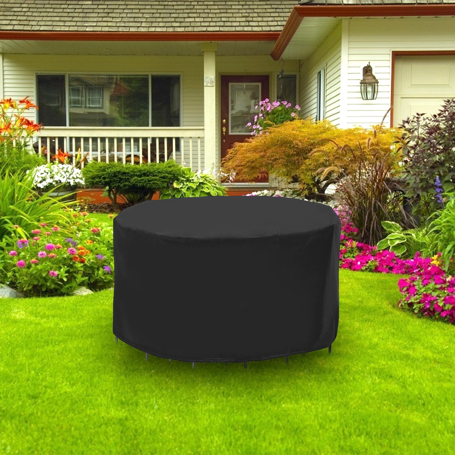 Cubierta circular para mesa de exterior, resistente a UV y agua, para 4 y 6 asientos.