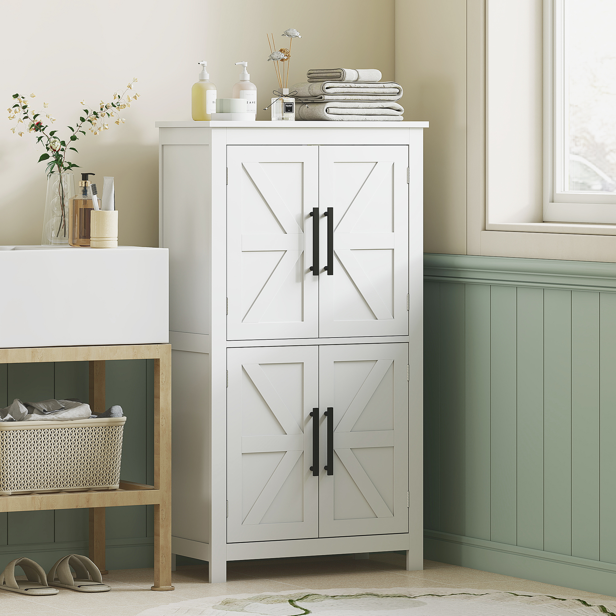 Gabinete de almacenamiento de baño de piso estilo rústico con 4 puertas y estante ajustable
