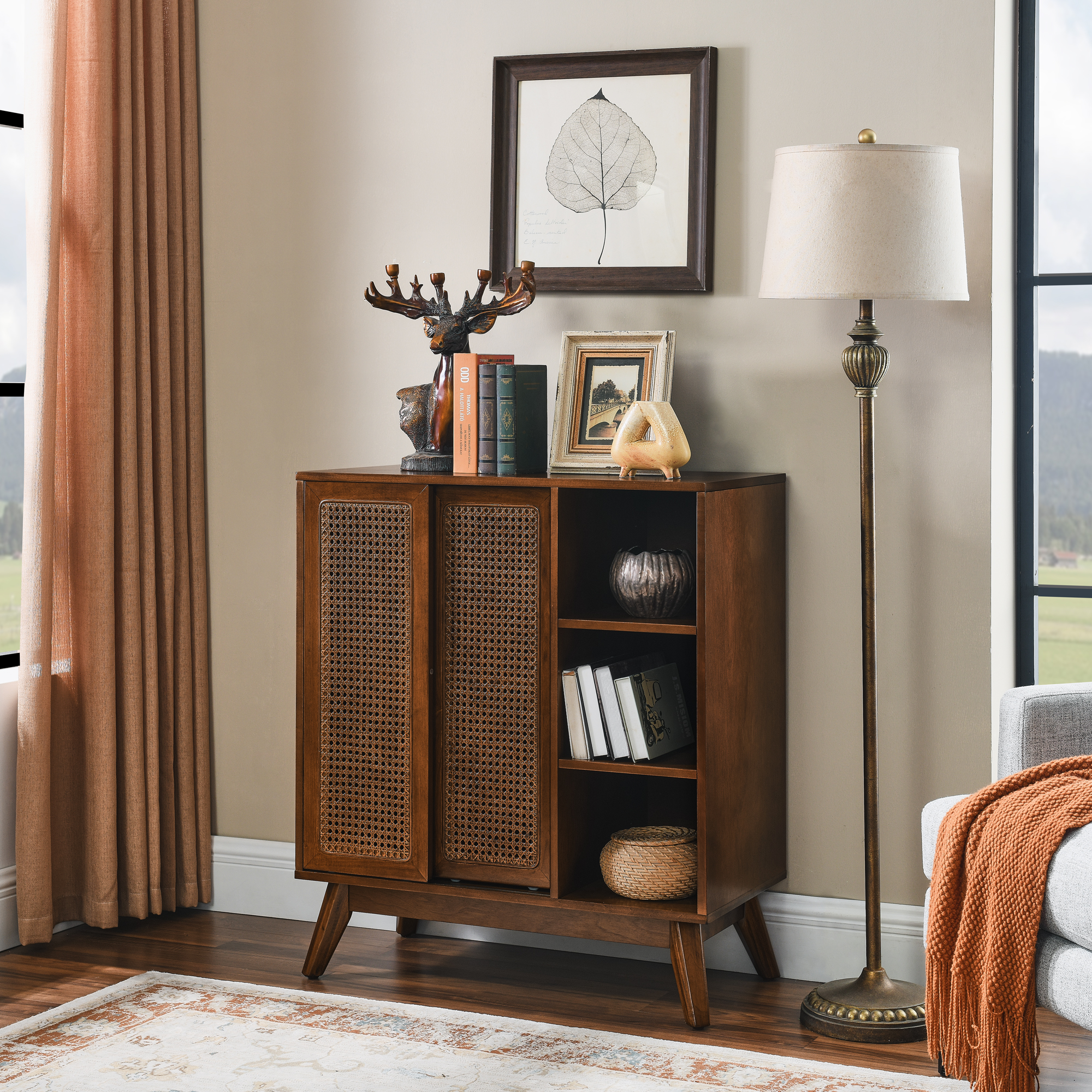 Mid Century Modern Rattan Sideboard Cabinet, Buffet Cabinet For Entryway Hallway Living Room Kitchen Dining Room, Adjustable Shelf & Solid Wood Feet & Rattan Cabinet Doors - Dark Wood