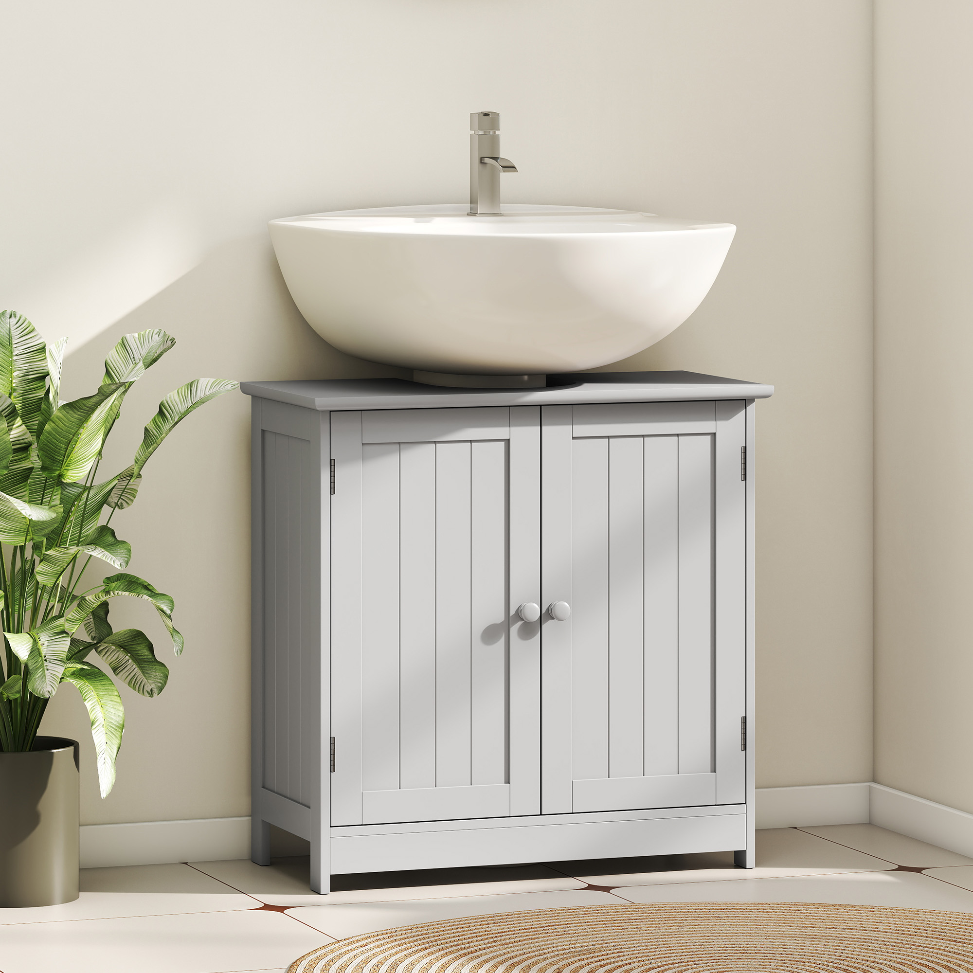 Gabinete de tocador de baño bajo lavabo con 2 puertas y estante ajustable, gris claro