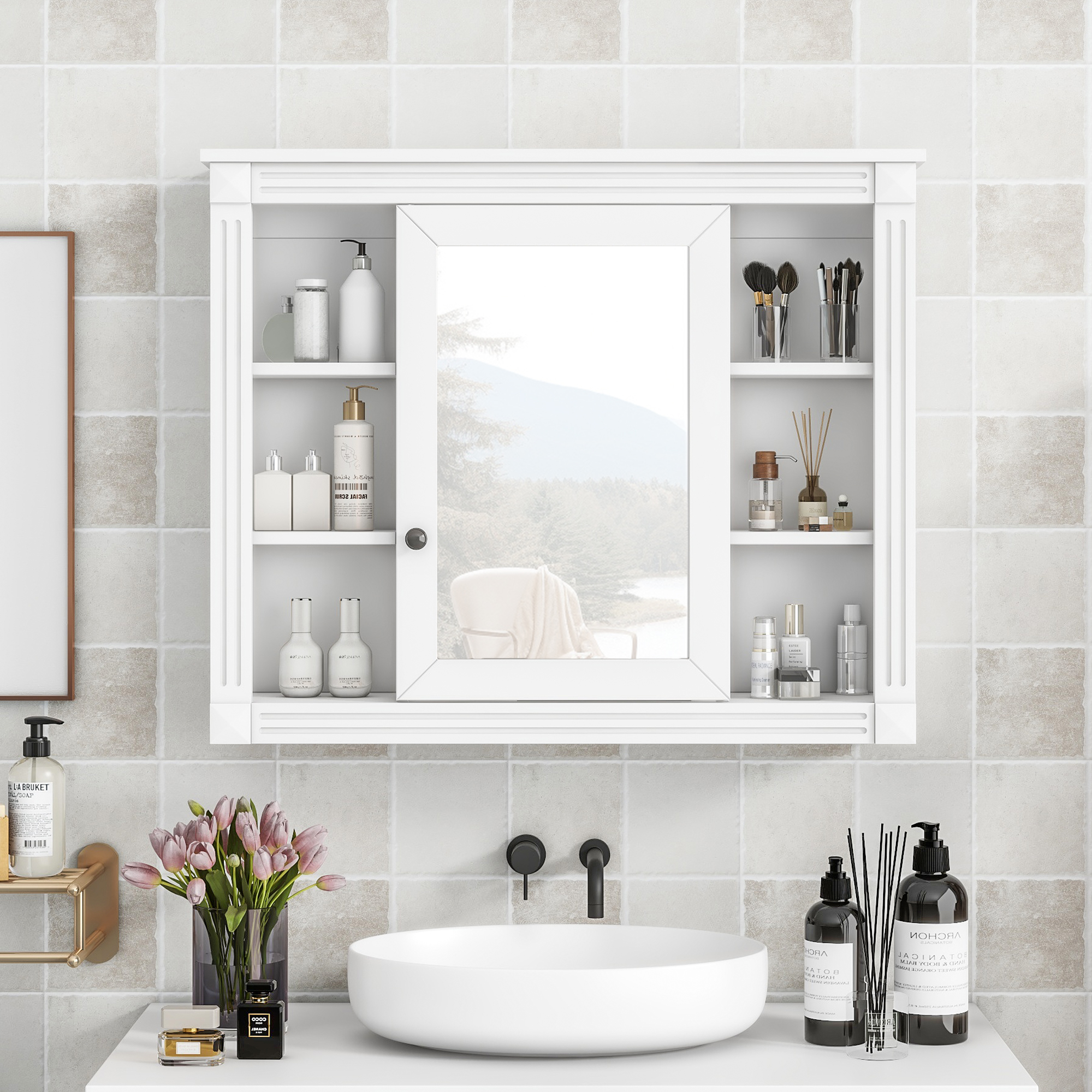 Gabinete de Baño con Espejo para Montar en Pared, 6 Estantes Abiertos