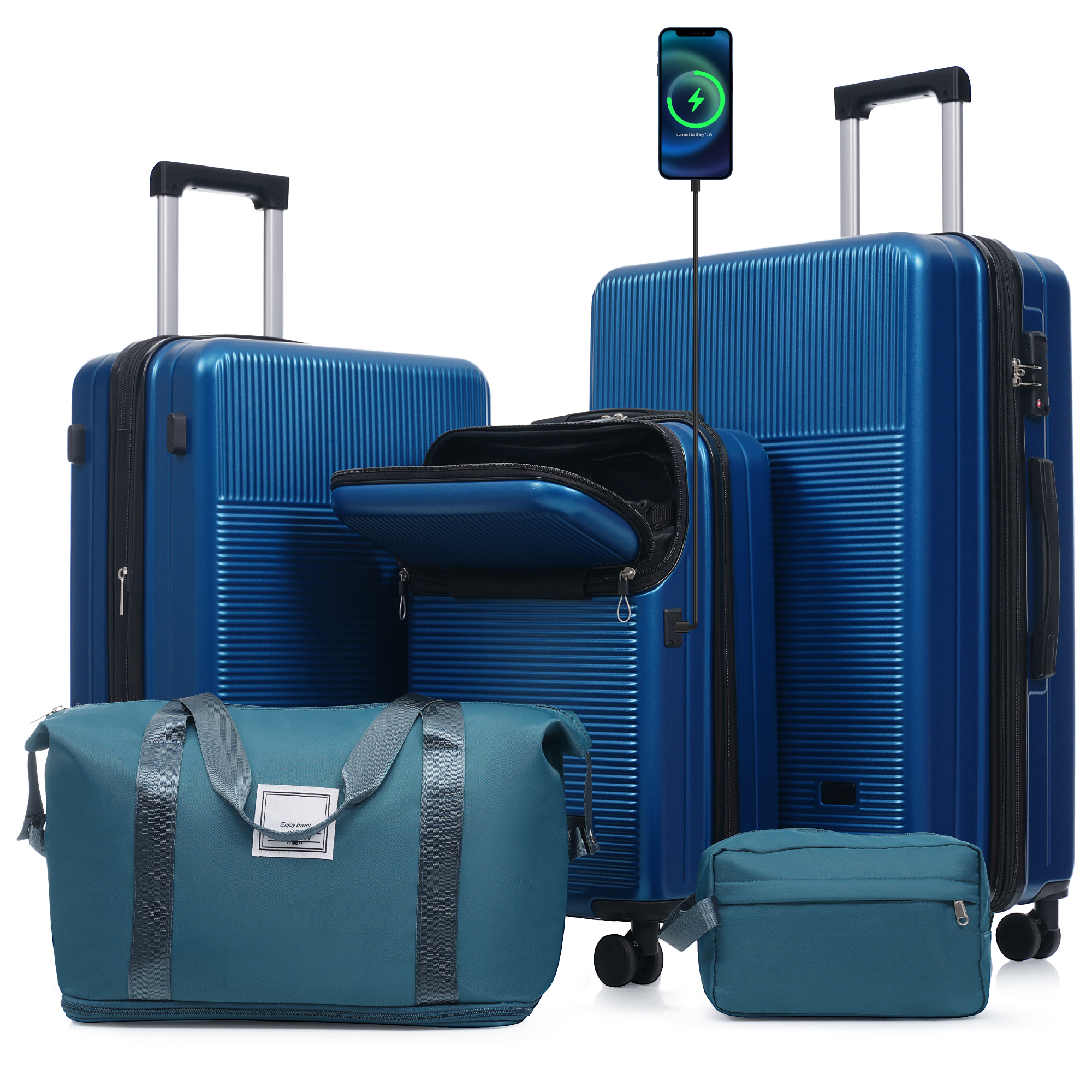 Set de 5 maletas rígidas ligeras con ruedas giratorias, puerto USB y cerraduras TSA.