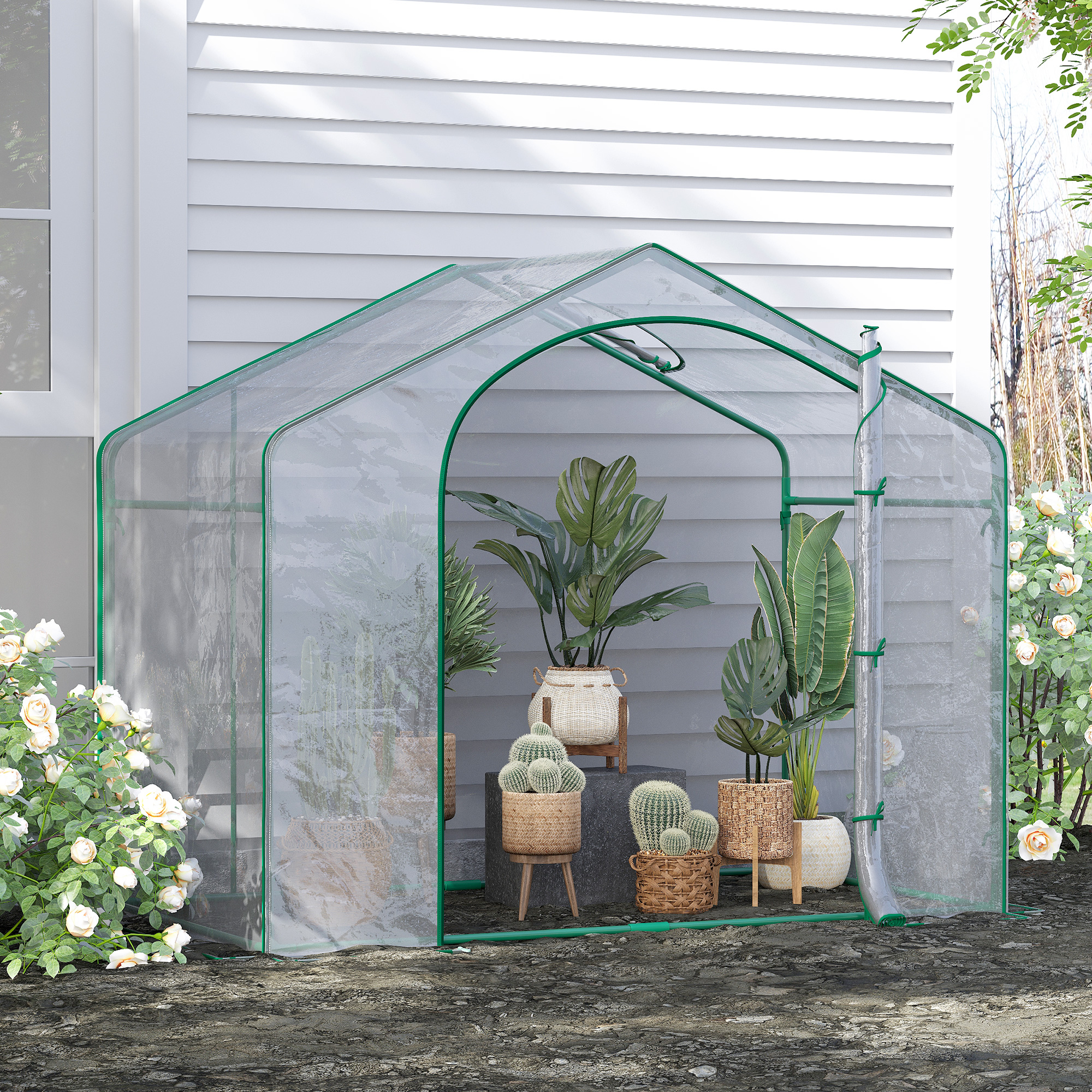 6 x 3 x 5 Portable Walk-in Greenhouse, Plastic Cover, Steel Frame Garden Hot House, Zipper Door, Top Vent for Flowers, Vegetables, Saplings, Tropical Plants, Clear