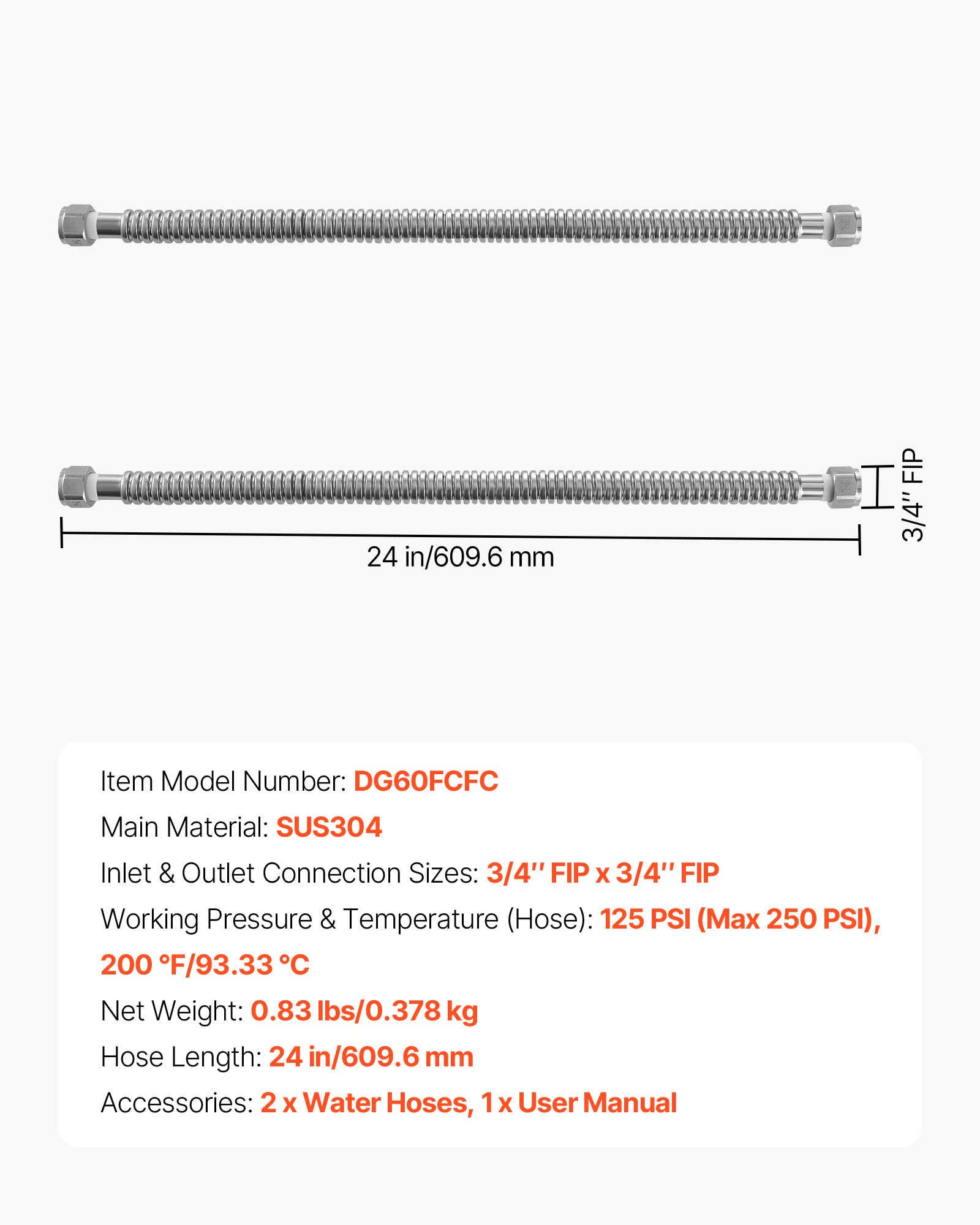 Kit de instalación para calentador de agua, conector flexible 24 pulgadas, 3/4" FIP