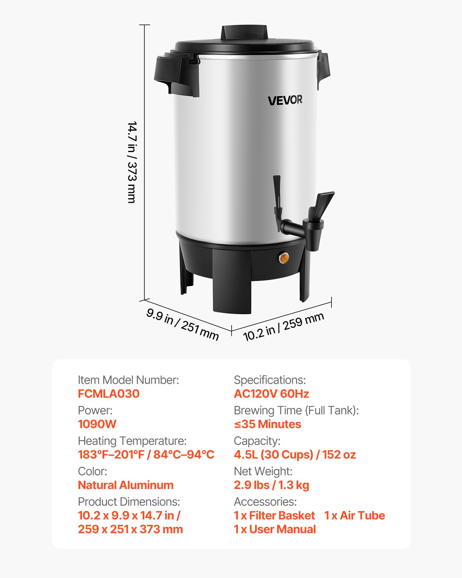 Urna de café comercial, 30 tazas (152 oz), dispensador de bebidas calientes, 1090W