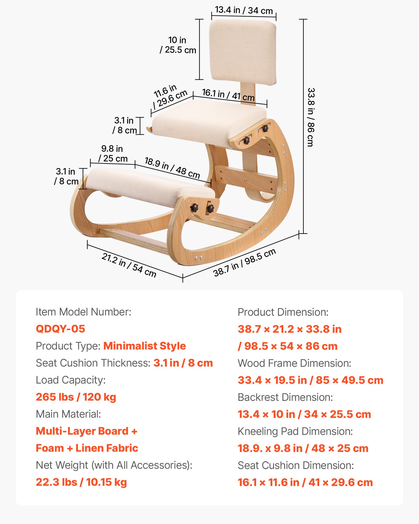 Silla ergonómica de rodillas de madera con cojines ajustables y respaldo