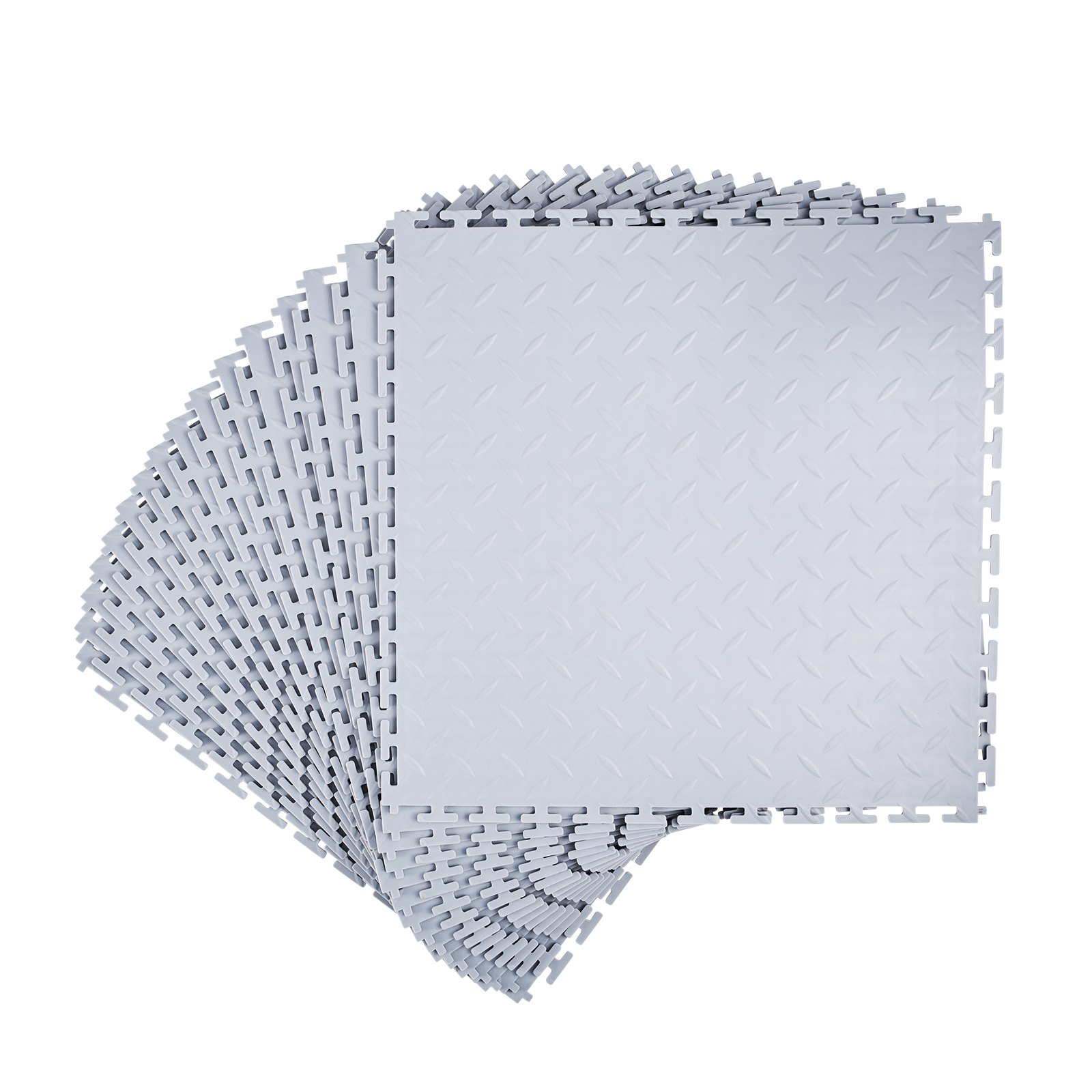 Garage Floor Tiles Interlocking, 16 Pack 20.2 X 20.2 X 0.2 In Interlocking Modular Garage Flooring Tiles, Diamond Plate Slip-Resistant PVC Mats For Workshop,Warehouse,Tool Room, Light Gray