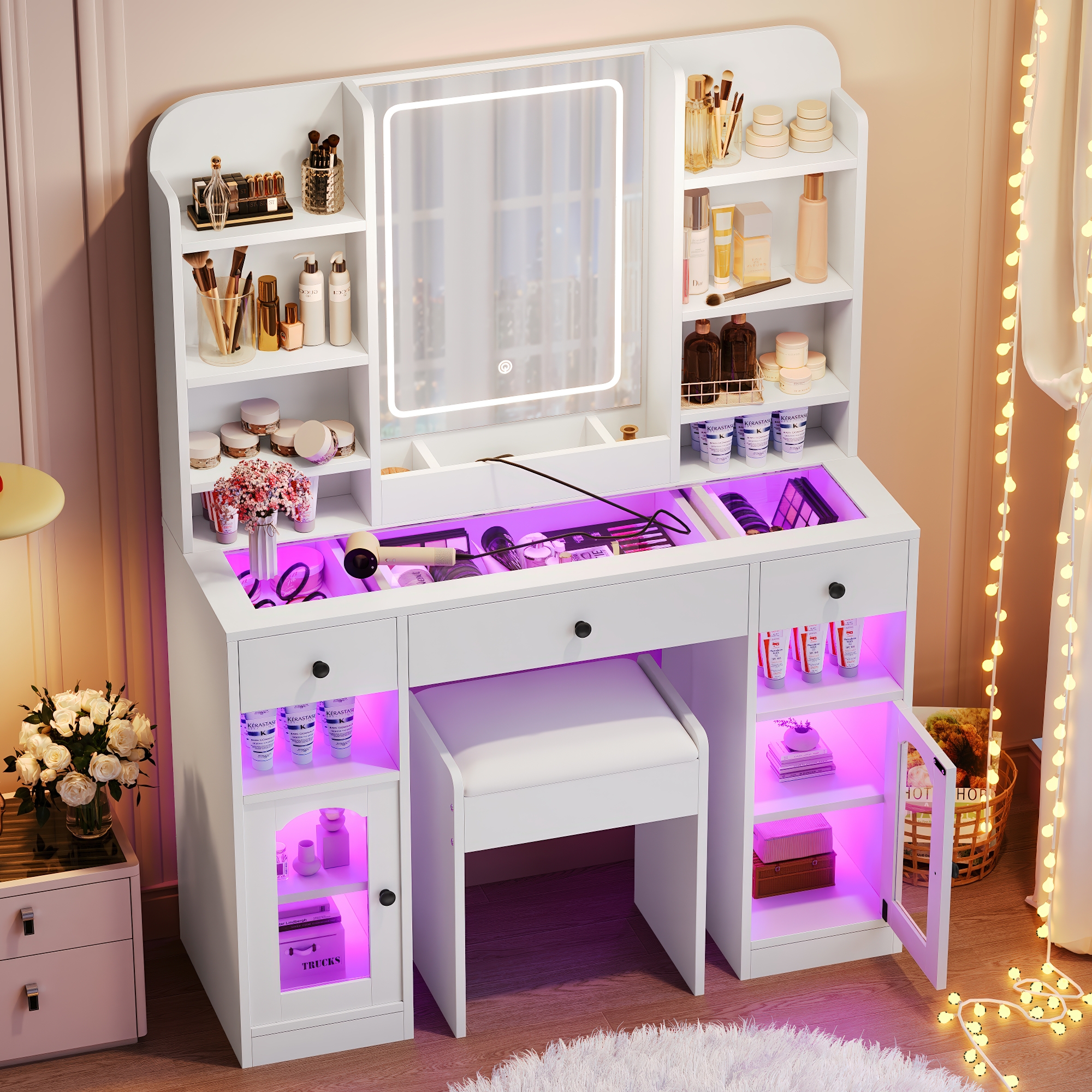 43.2  Vanity Desk With LED Mirror And Lights, Glass Top Vanity With RGB Glass Light Cabinets, Dressing Table With 3 Drawers ,Storage Shelves And Stool For Bedroom, White