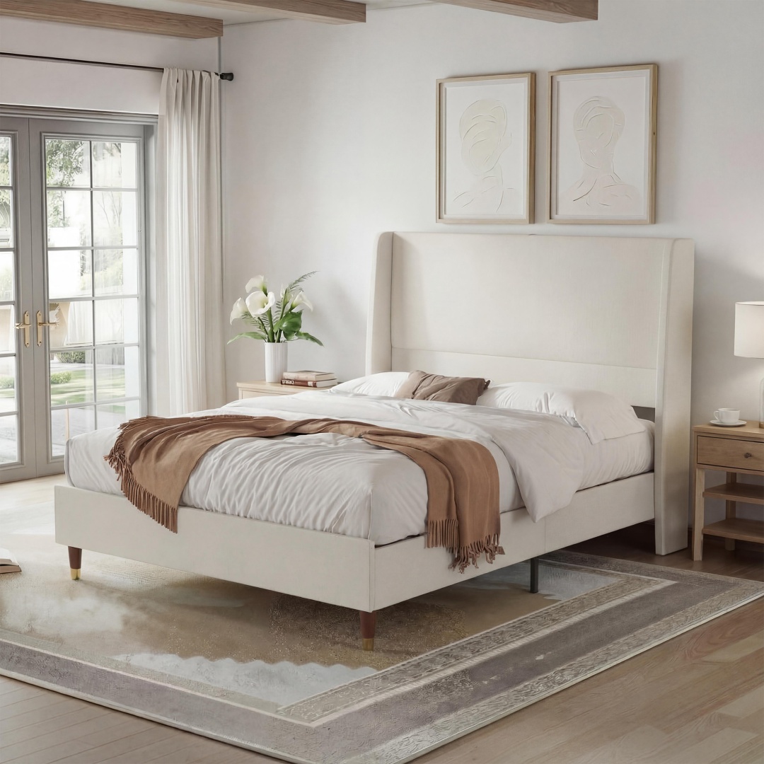 Base de cama Full de tela de lino con cabecero tapizado y puertos USB, gris