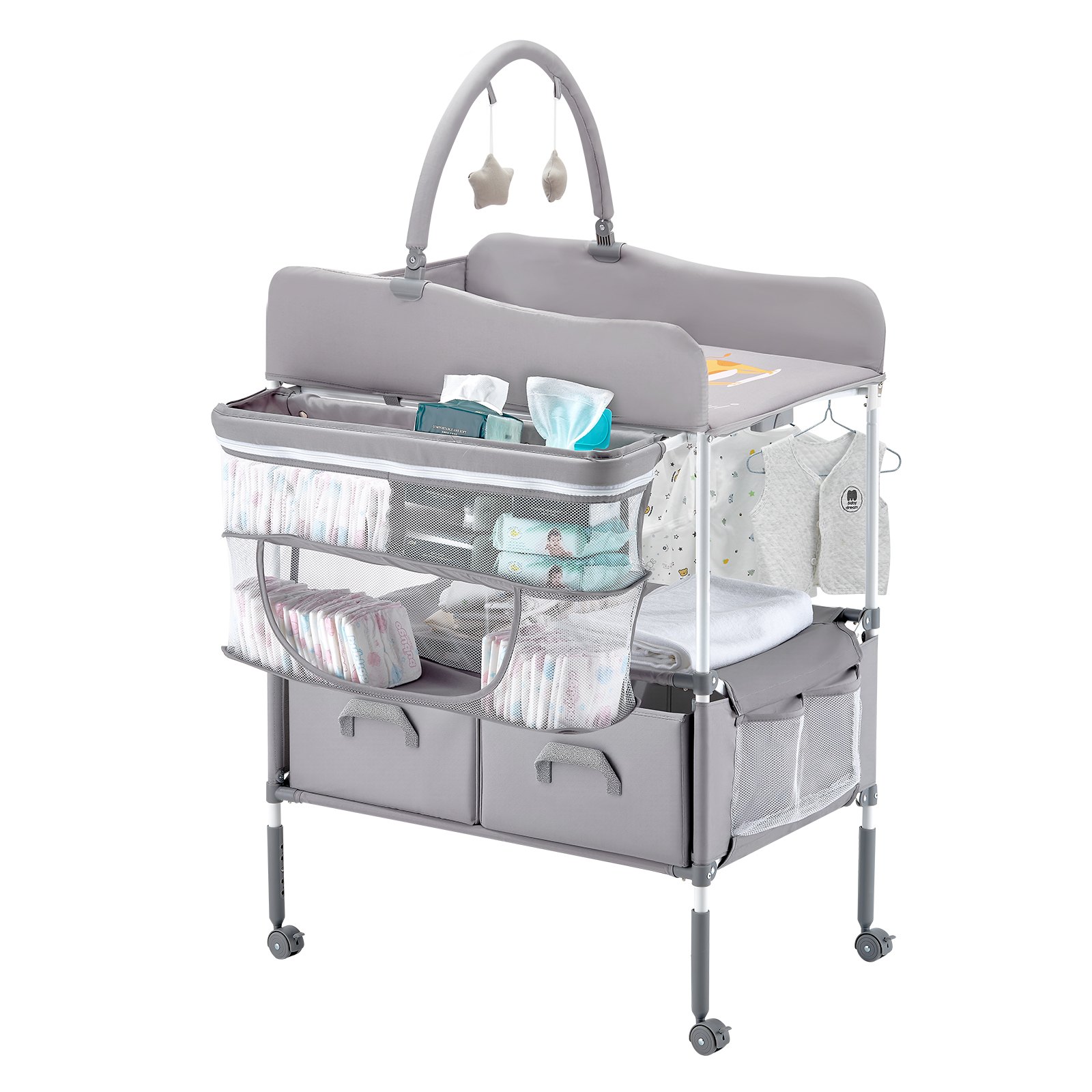 Mesa cambiador de bebé plegable, altura ajustable, con ruedas, gris claro