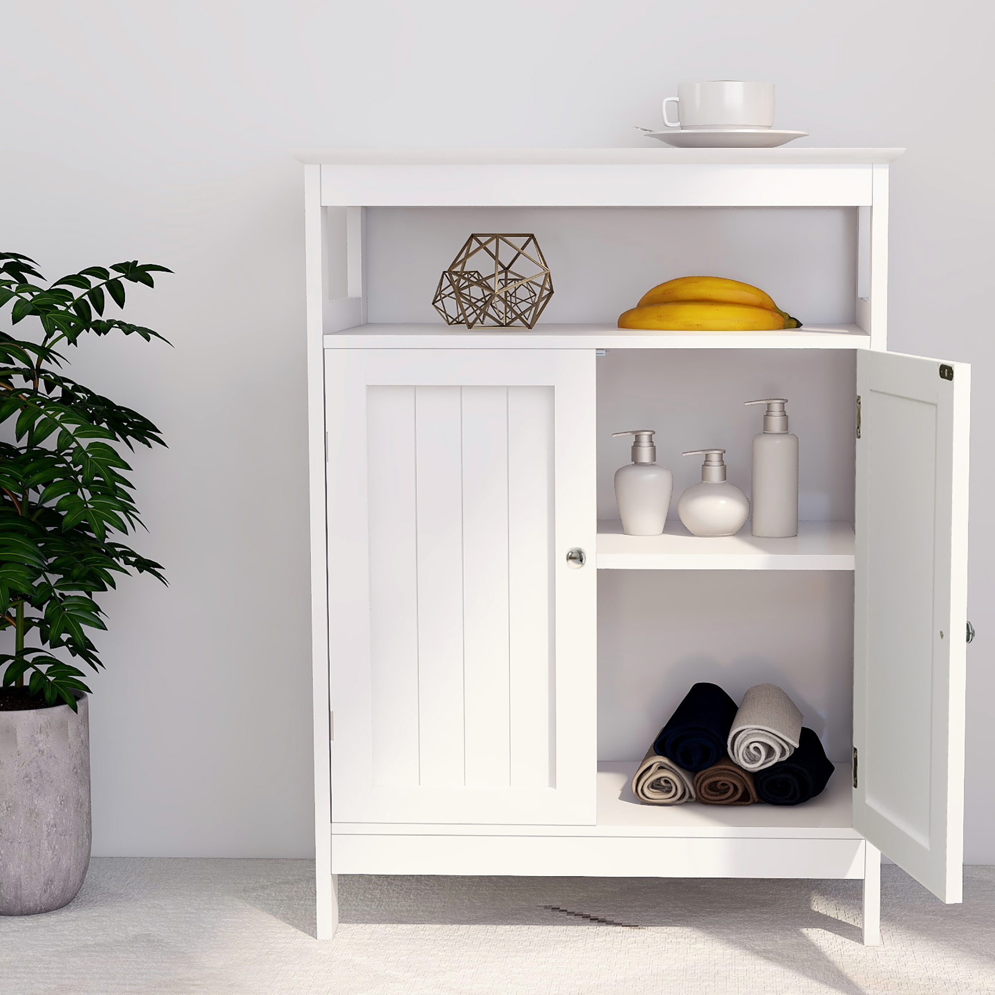 Gabinete de almacenamiento de pie para baño con puertas de persiana dobles, blanco