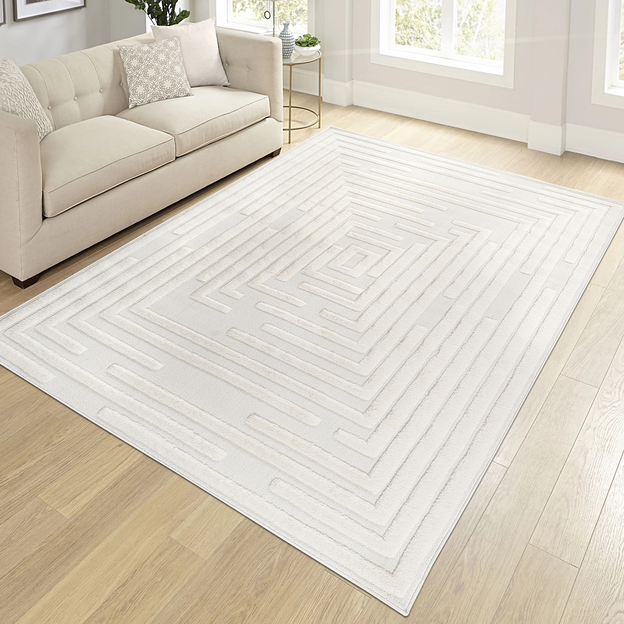 Alfombra de área interior, rayas altas y bajas, crema, 6.7 x 9 pies, moderna
