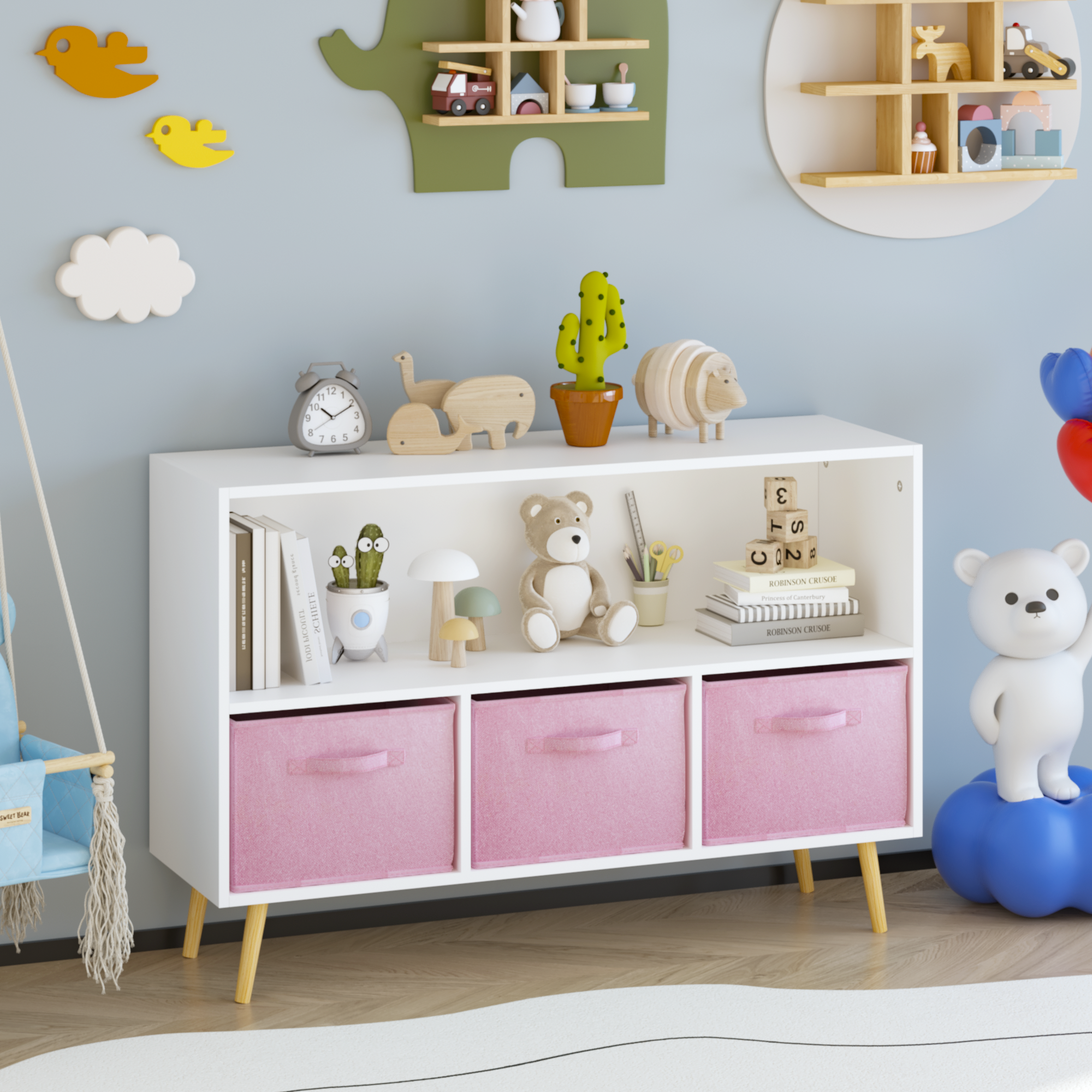 Kids Bookcase With Collapsible Fabric Drawers, Children's Book Display, Toy Storage Cabinet Organizer, White Pink