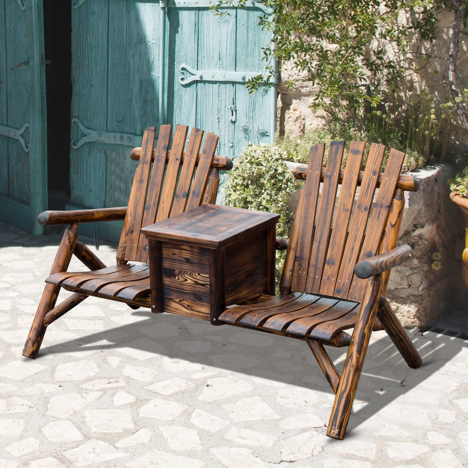 Sillón doble Adirondack de madera con cubitera, para exterior, respaldo alto, rústico