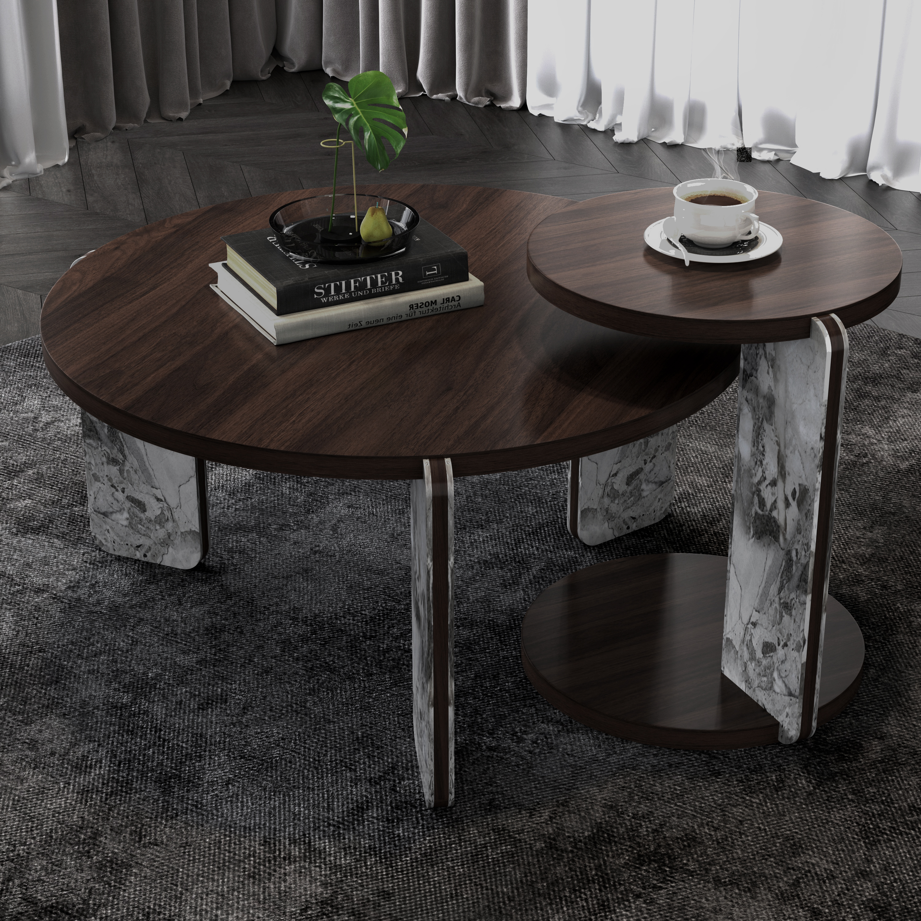 Juego de mesa de centro y auxiliar moderno, 83cm y 43cm de diámetro, nogal