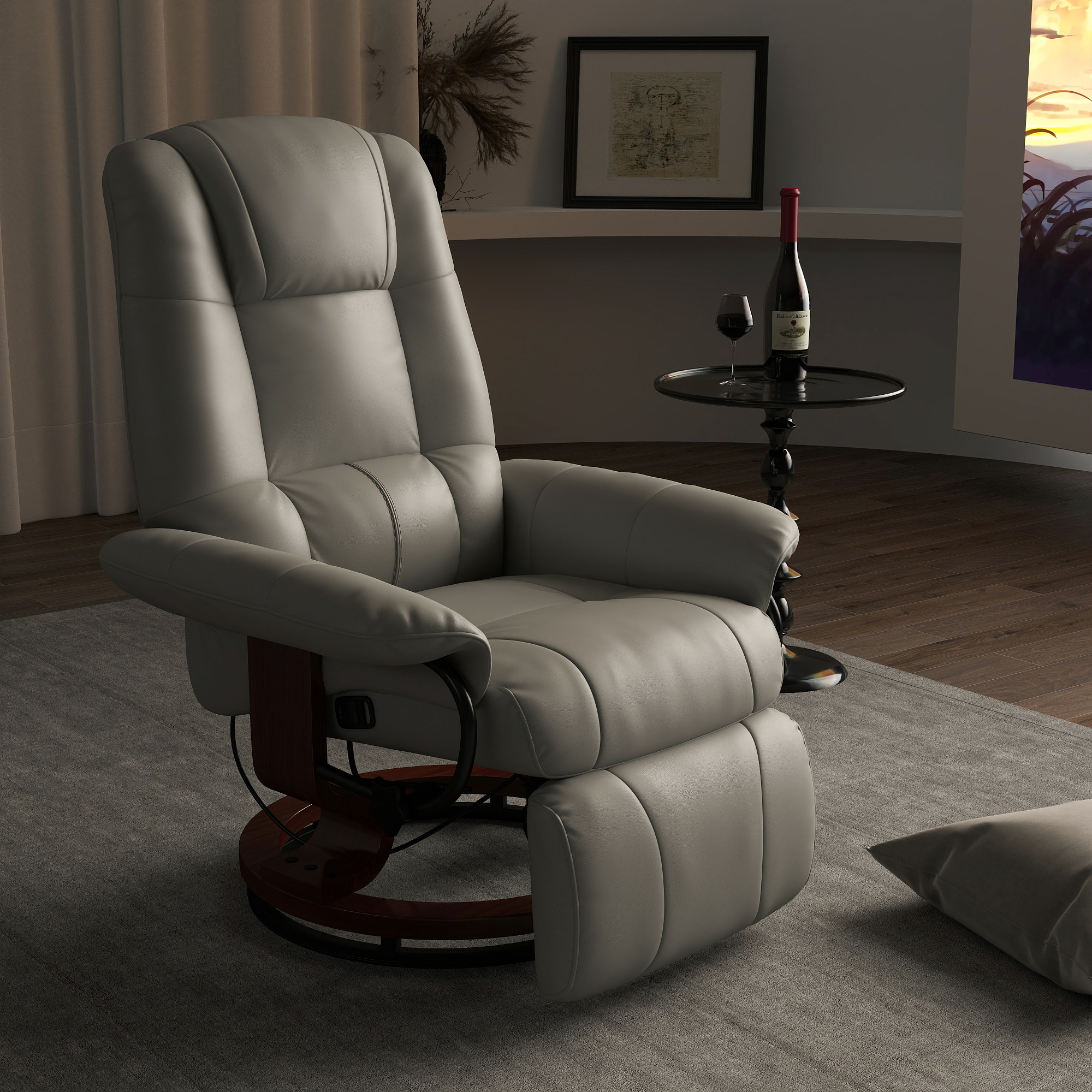 Sillón reclinable manual de piel sintética, giratorio, con reposapiés, gris