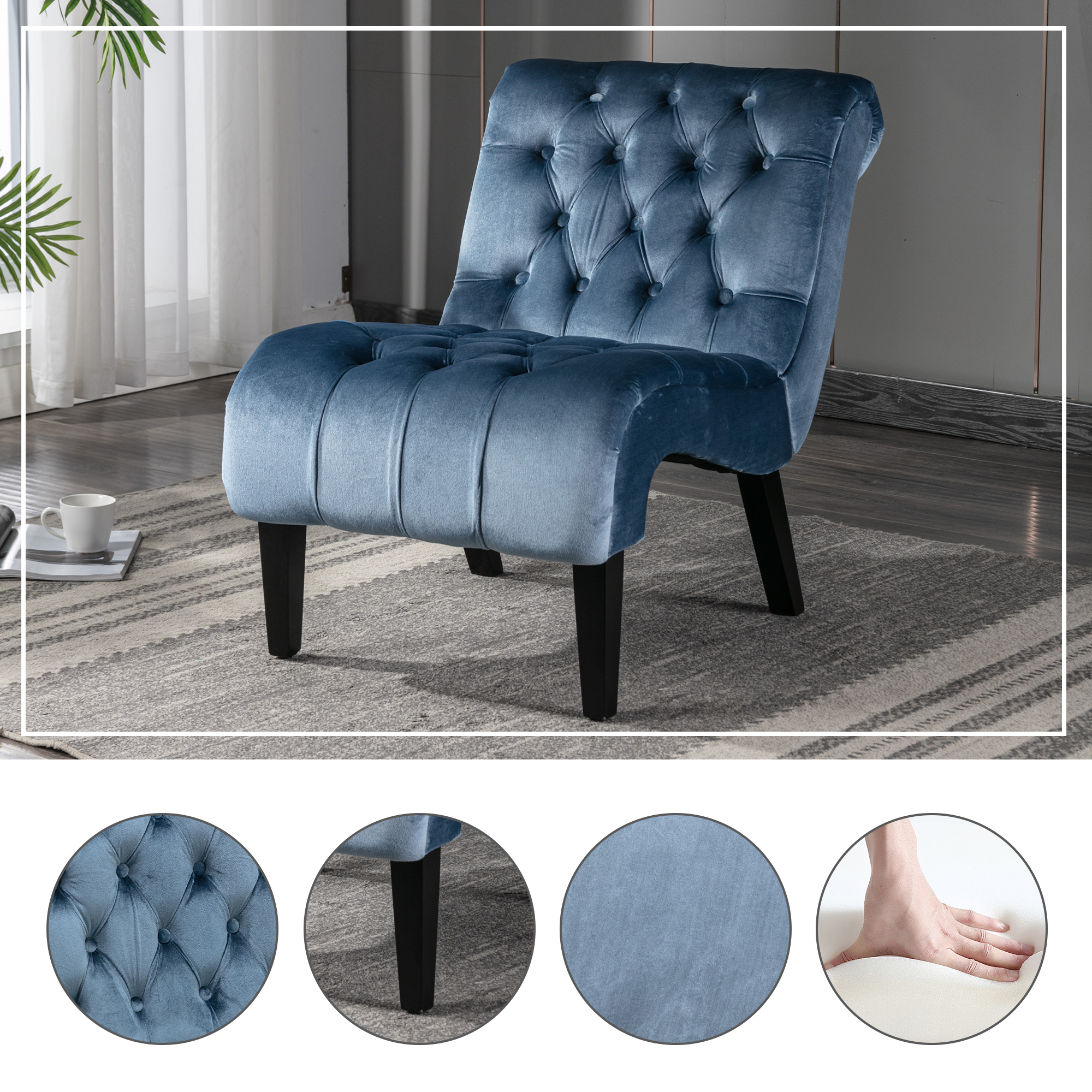 COOLMORE Modern Velvet Armless Accent Living Room Chair   Leisure Chair,Upholstered Fabric Button Comfortable Chair With Wooden Legs For Bedroom, Living Room, Office  Light Blue Velvet
