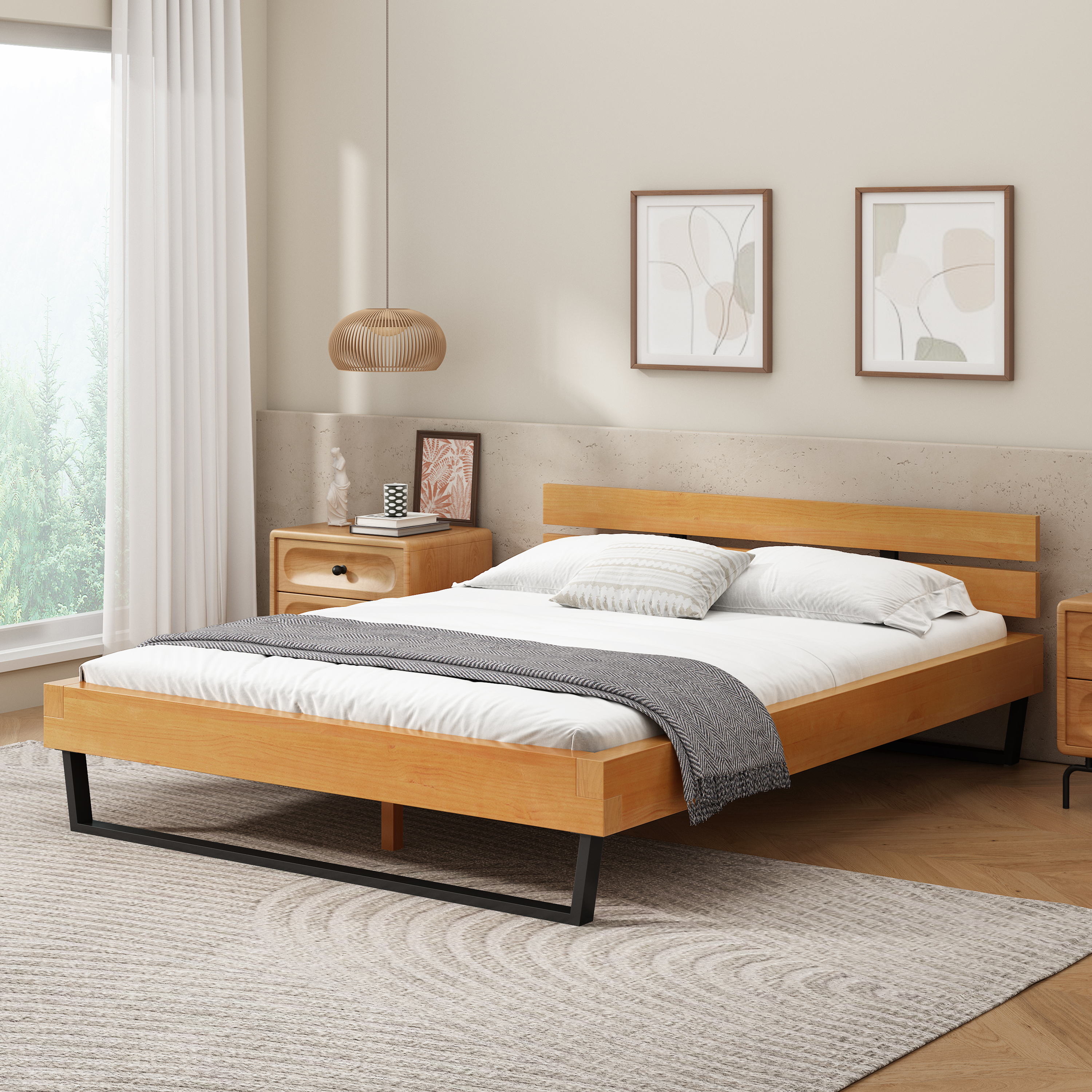Base de Cama de Madera de Pino Tamaño Queen, Color Natural y Negro