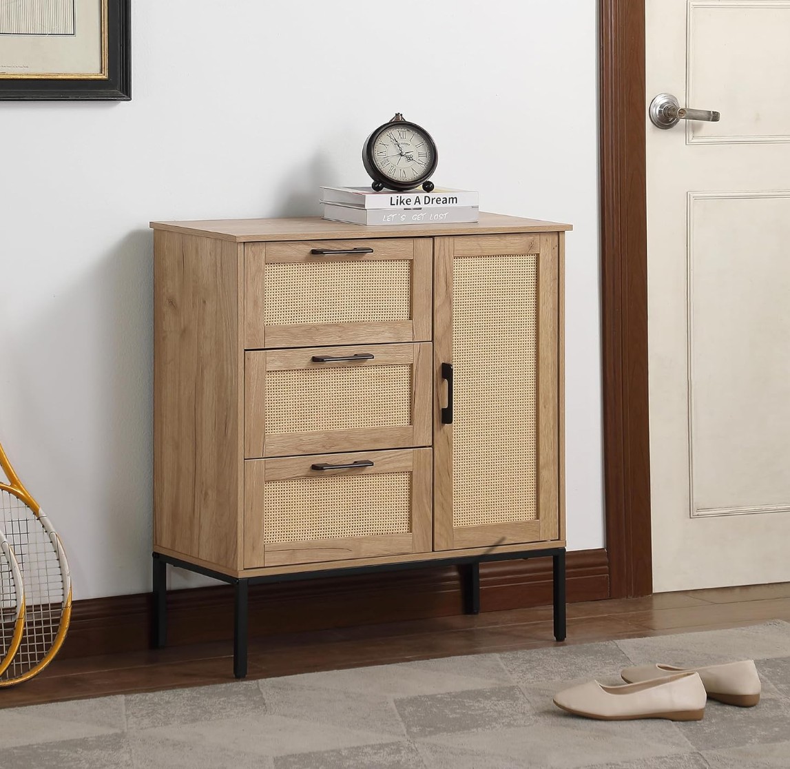 Mid  Century Style Storage Cabinet 3 Drawers, Rattan Doors, Adjustable Shelves, Ideal For Living & Dining Rooms, Easy To Install