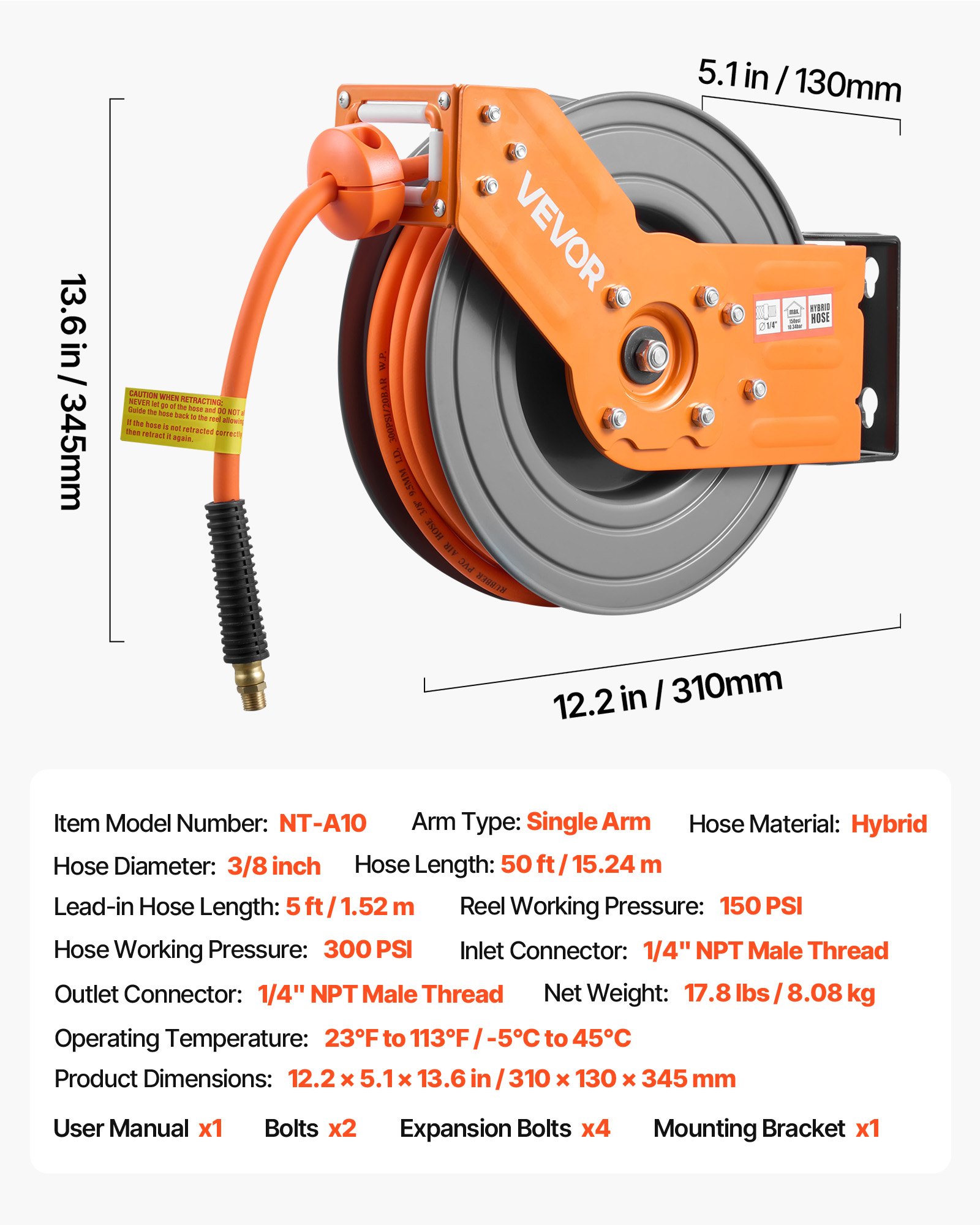 Carrete retráctil para manguera de aire, 3/8 pulg. x 50 pies, 300 PSI, montaje en pared/techo