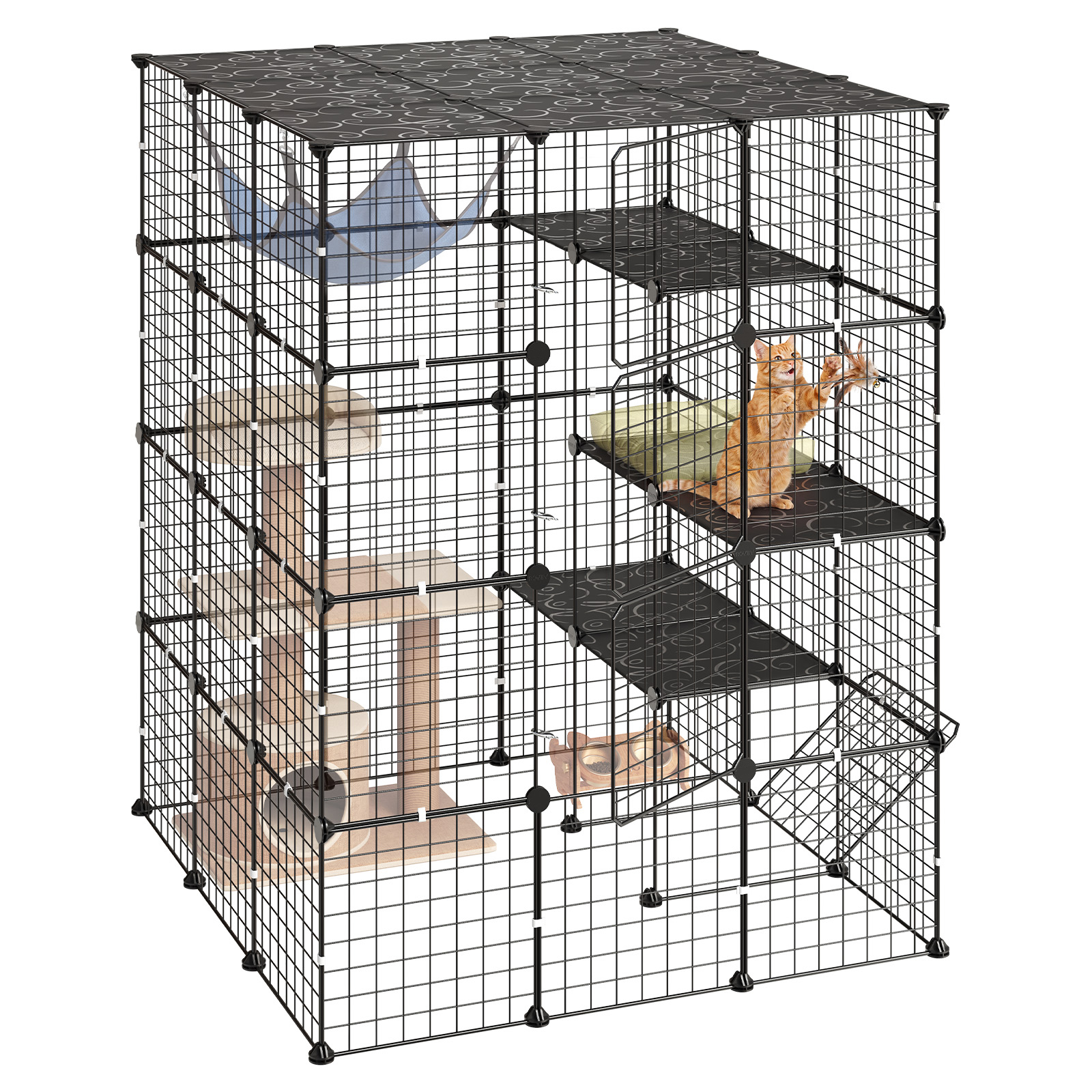 Cat Cage 4-Tier 40.98"x40.98"x55" DIY Cat Playpen Indoor Enclosure, Detachable Metal Wire Kennel Crate With 4 Doors, Large Exercise Place Ideal For 2-3 Cats, Kittens And Small Animals, Black