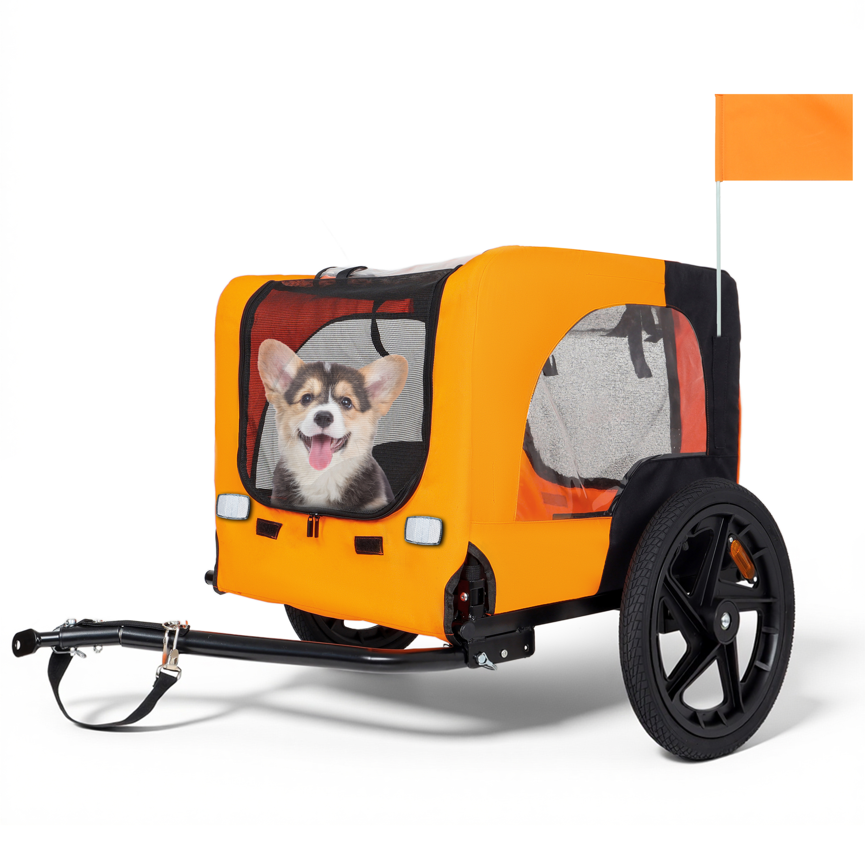 Remolque plegable para bicicleta de mascotas, 16 pulgadas, ruedas todoterreno, negro/naranja