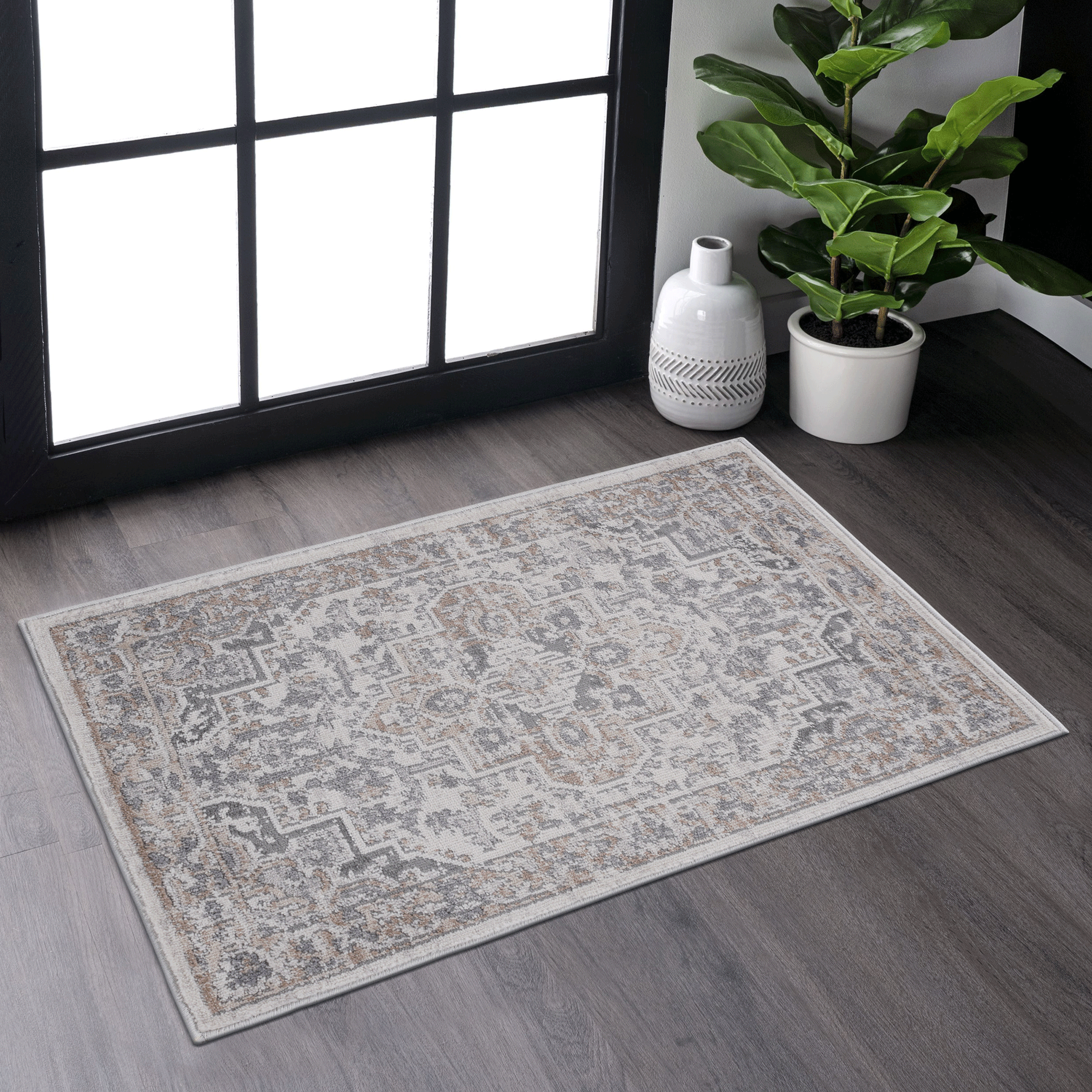 Alfombra tapete MARFI 2X3 oriental en tonos marfil y beige.