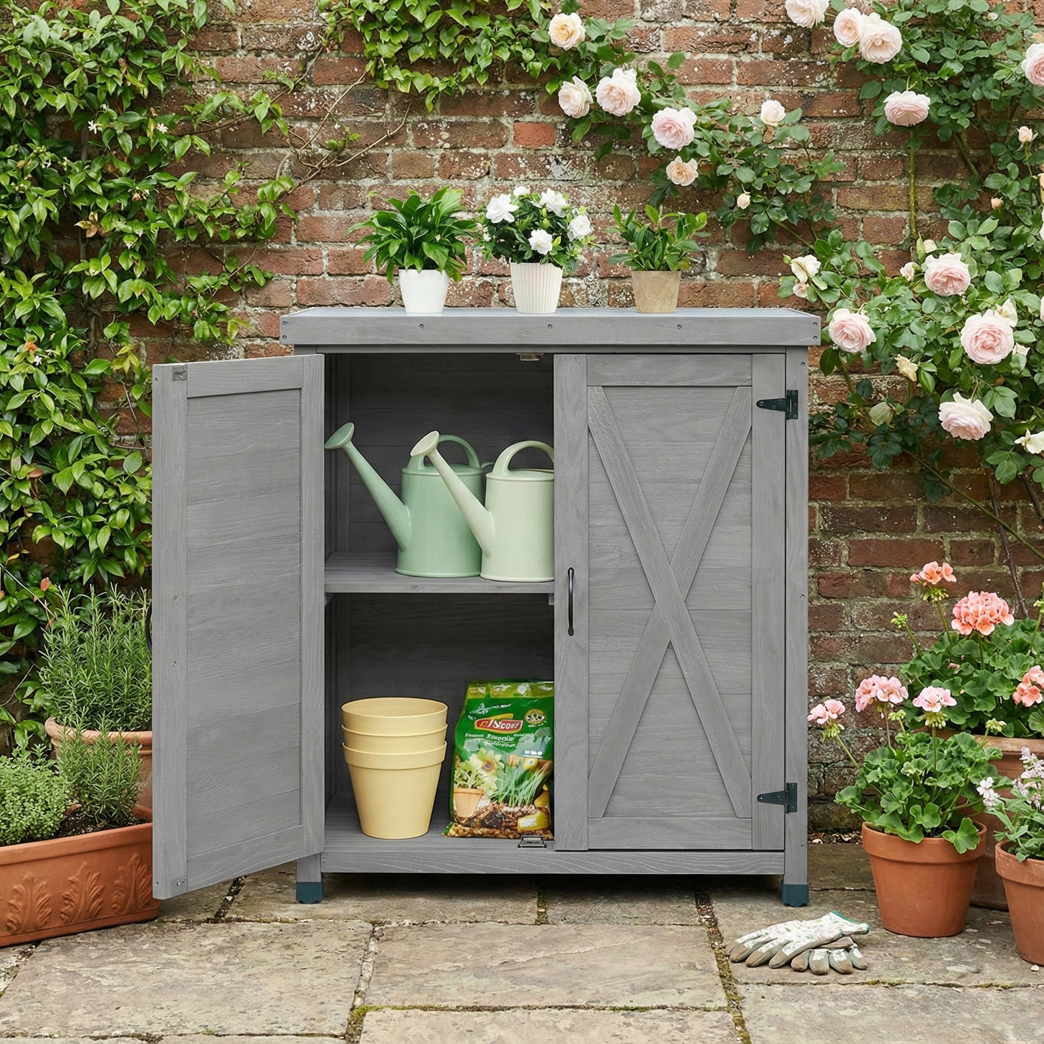 Potting Bench With Storage Cabinet And Metal Table Top For Outdoor Patio,Outdoor Work Station Table