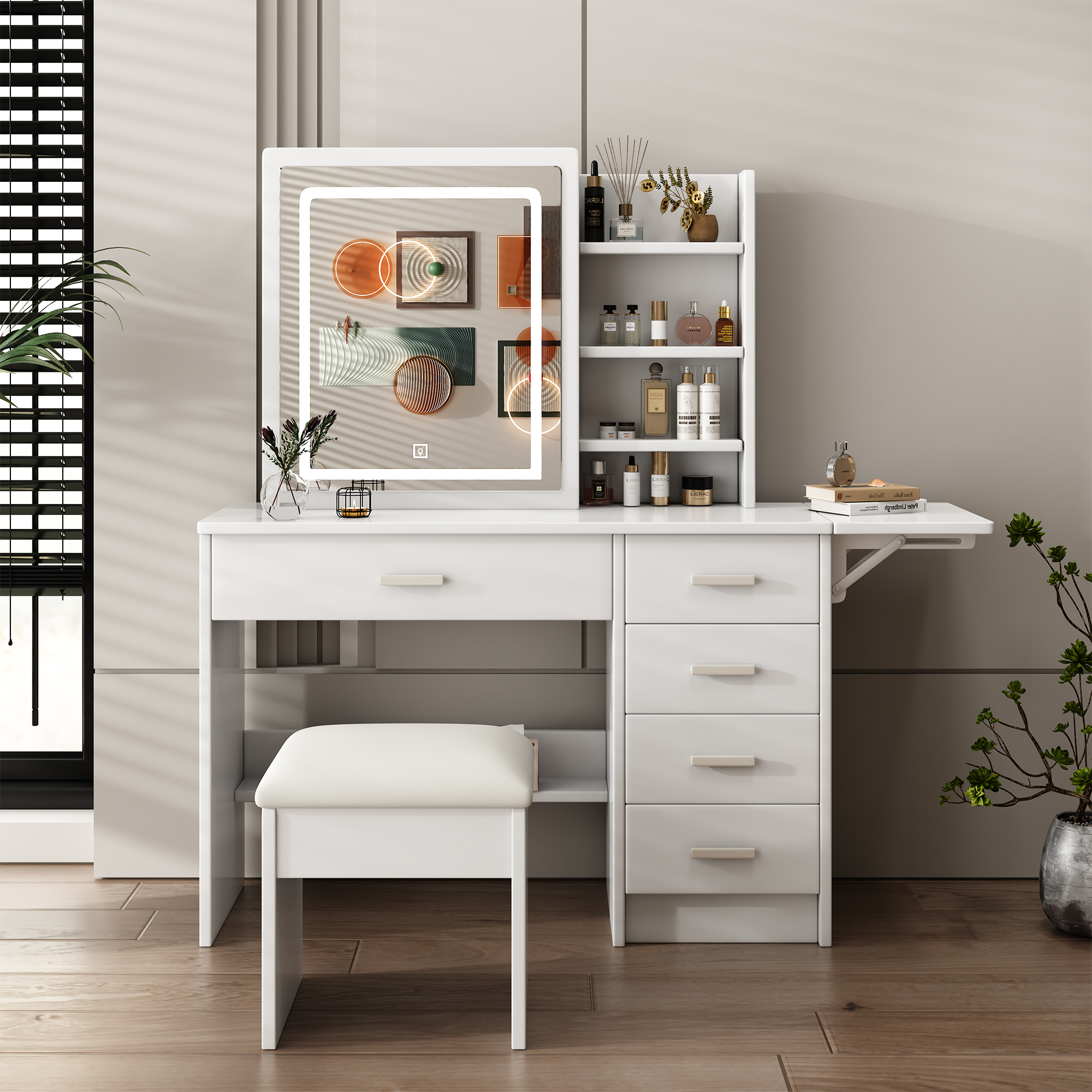 Tocador de maquillaje con espejo, luces ajustables, 5 cajones y silla, blanco