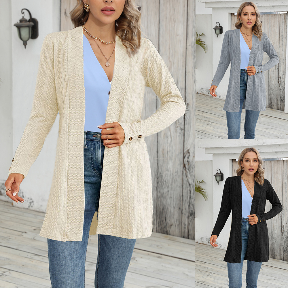 Chaqueta cárdigan de manga larga con botones, color sólido.