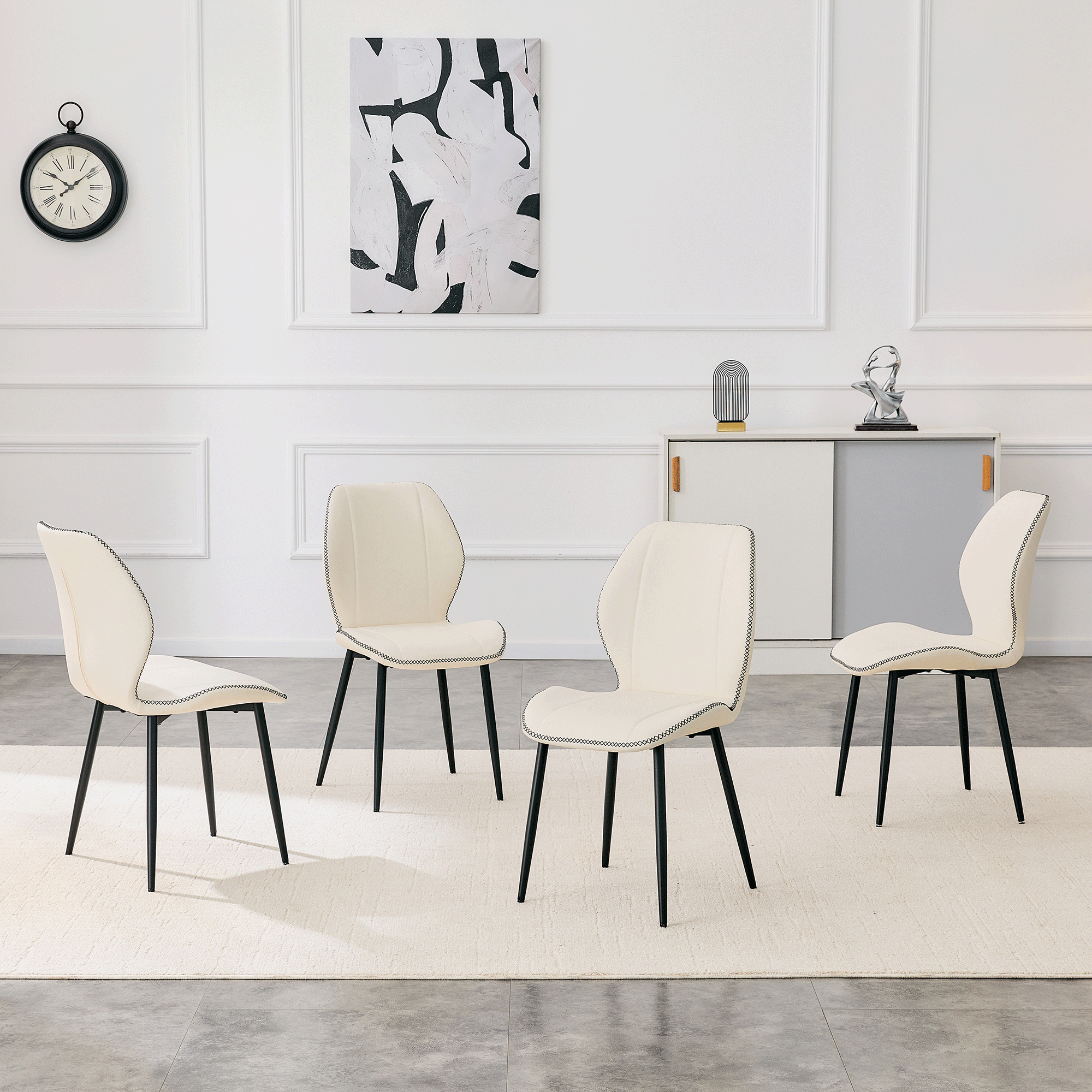 4-Pack White Light Luxury Household PU Leather Dining Chairs. Multiple Colors Available, With Black Metal Legs And Adjustable Feet, Suitable For Dining Room, Study & Office ,etc.