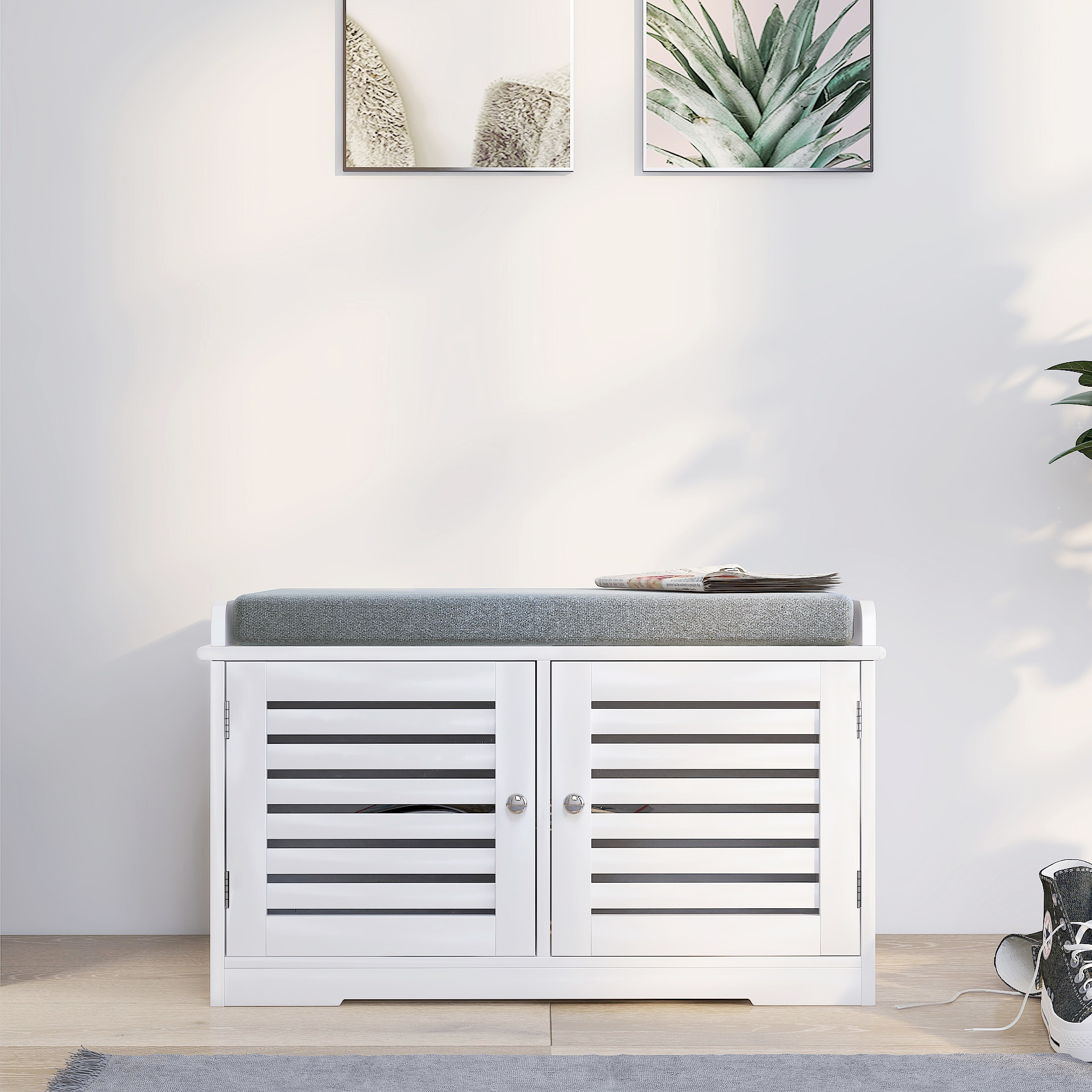 Shoe Storage Bench With Padded Seat Cushion, Entryway Bench With 2 Barn Doors-White
