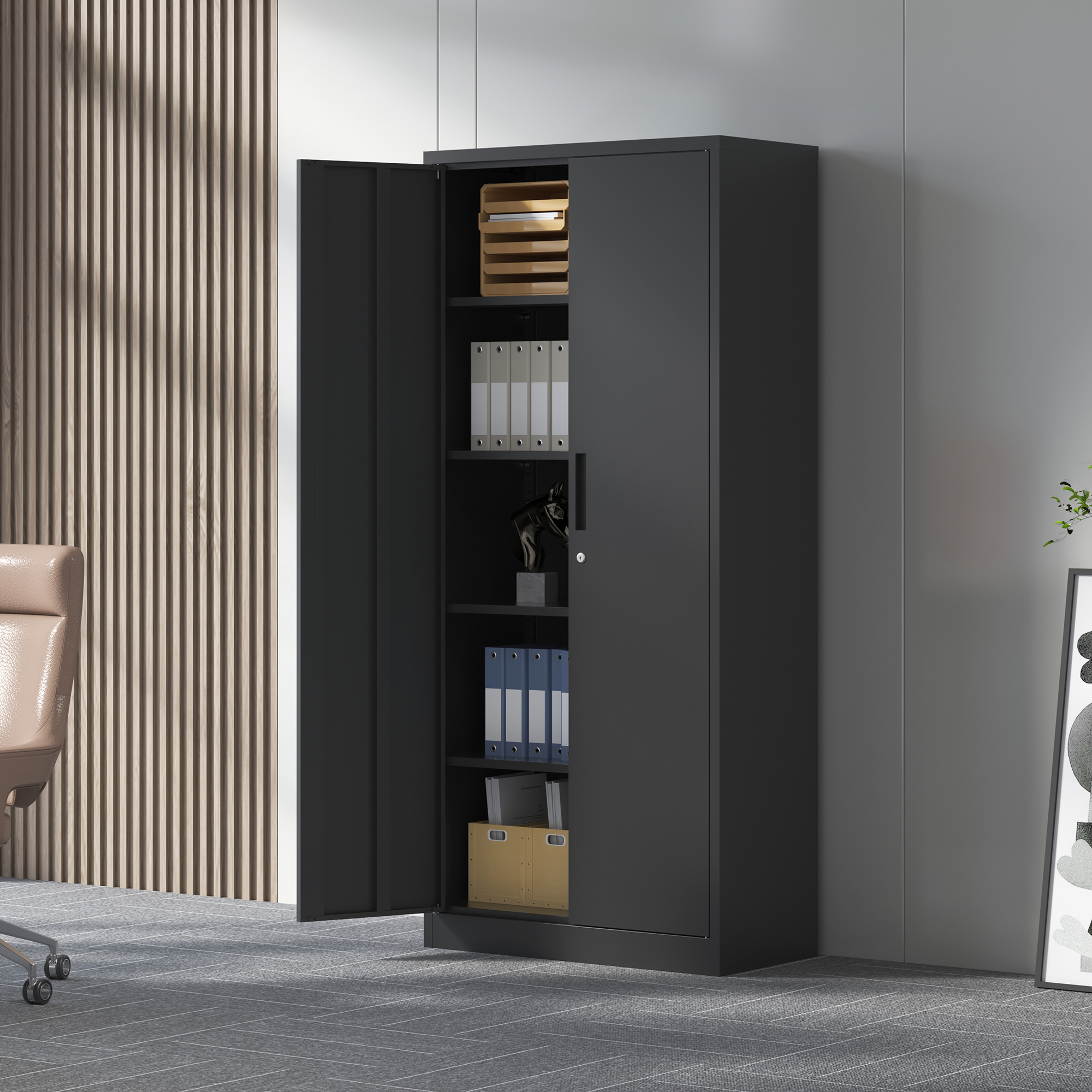Gabinete de almacenamiento de metal de 71 pulgadas, con puertas, 4 estantes y cerradura, negro.