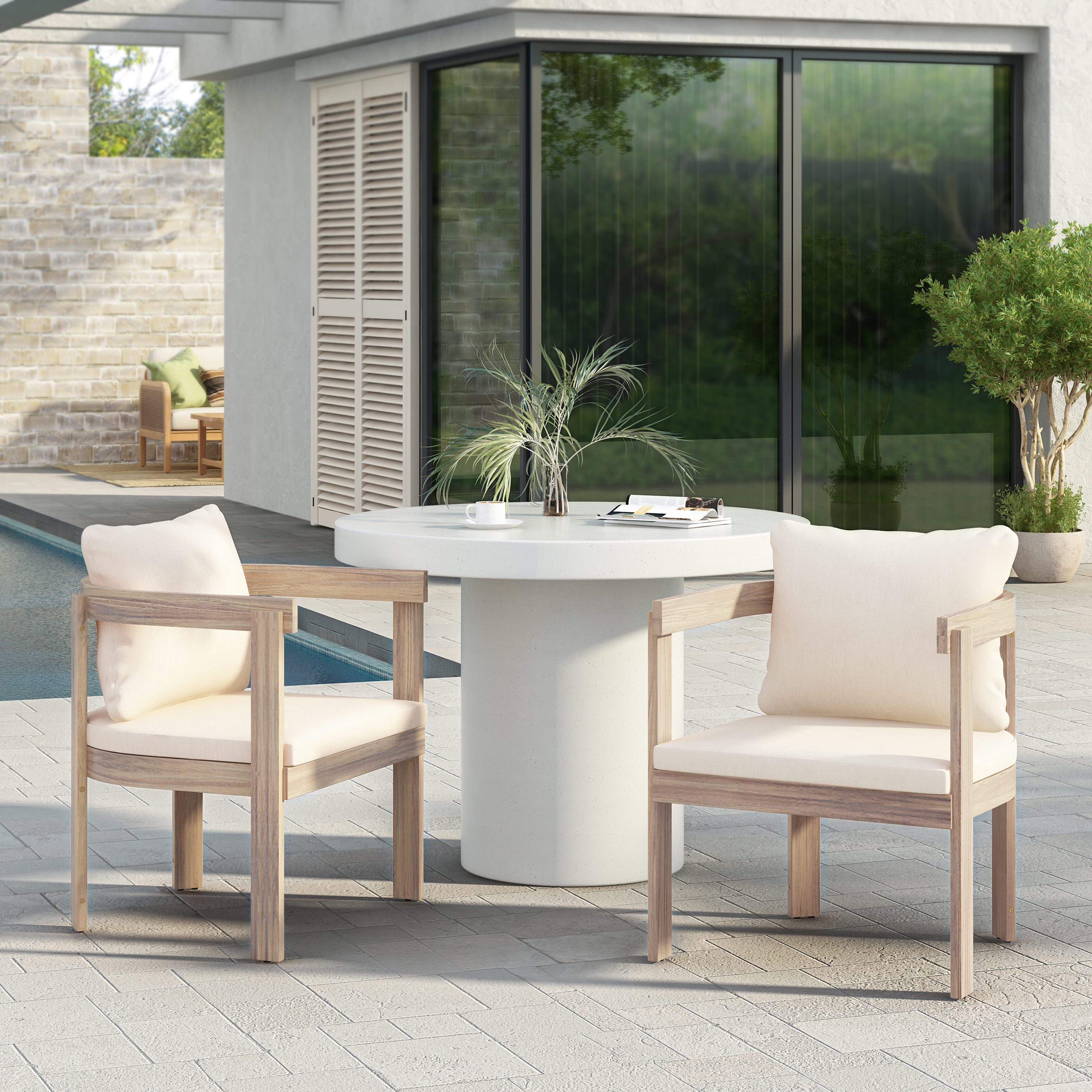 Sillas de comedor de madera de acacia (juego de 2) con cojines crema, blanco claro