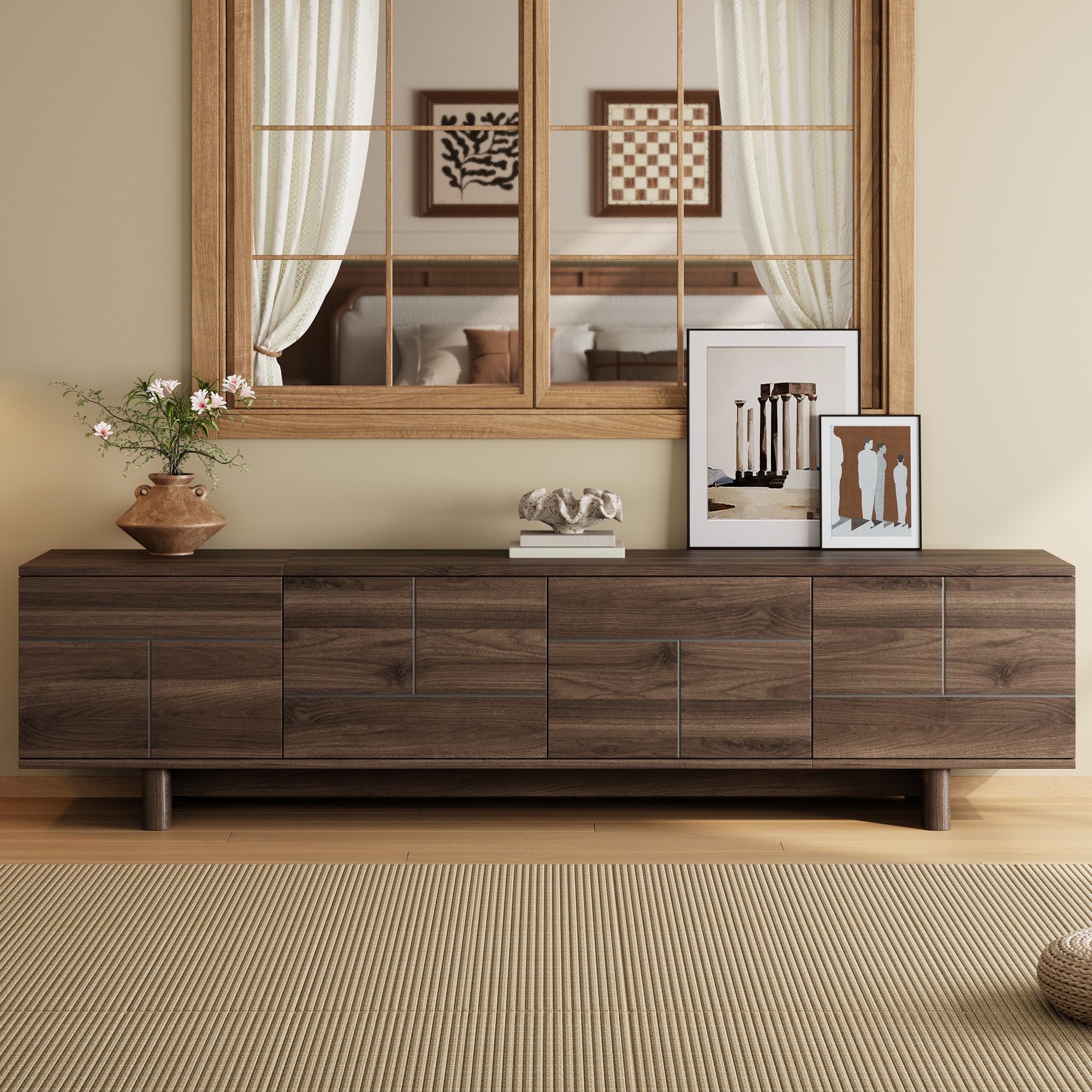 78 inch Modern TV Stand for TVs up to 85", Entertainment Center with with Solid Wood Legs, Cable Management, Push-Openers, Soft-Closing Hinges & Adjustable Shelves for Living Room